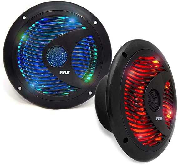 Pyle 6.5 Dual Marine Speakers - IP44 Waterproof and Weather Resistant Outdoor Audio Stereo Sound System with Built-in Led Lights, 150 Watt Power and Polypropylene Cone - 1 Pair - PLMR6LEB (Black)