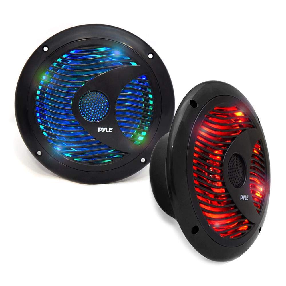 Pyle 6.5” Dual Marine Speakers - IP44 Waterproof and Weather Resistant Outdoor Audio Stereo Sound System with Built-in Led Lights, 150 Watt Power and Polypropylene Cone - 1 Pair - PLMR6LEB (Black)
