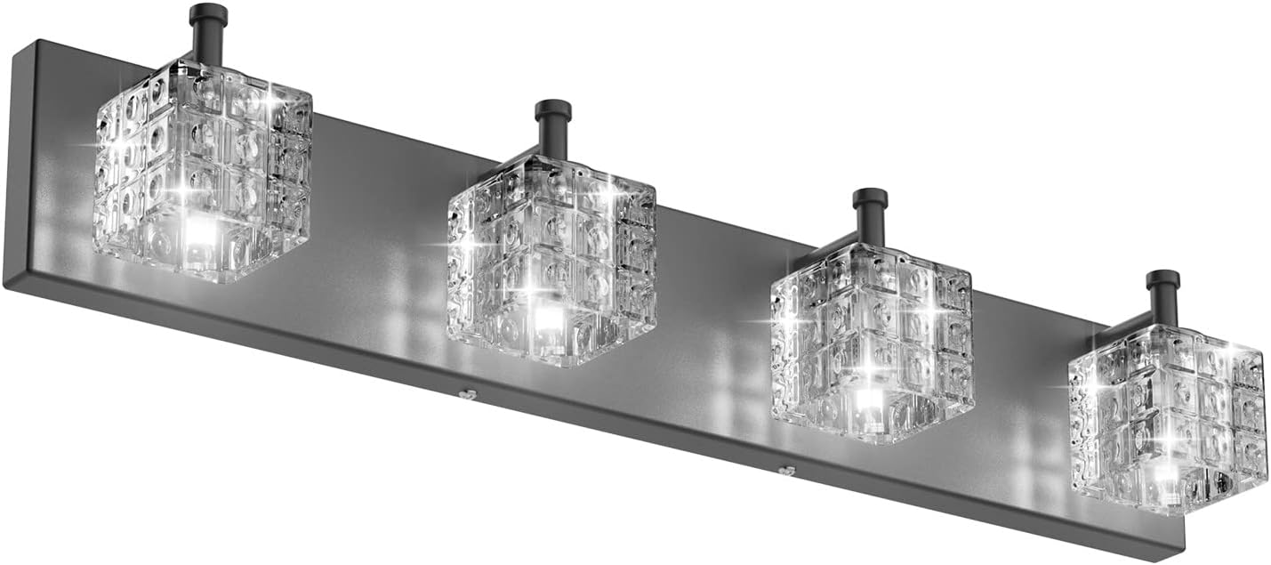 Ralbay Crystal Vanity Lights - 4 LED Modern Matte Black Bathroom Vanity Lights Over Mirror