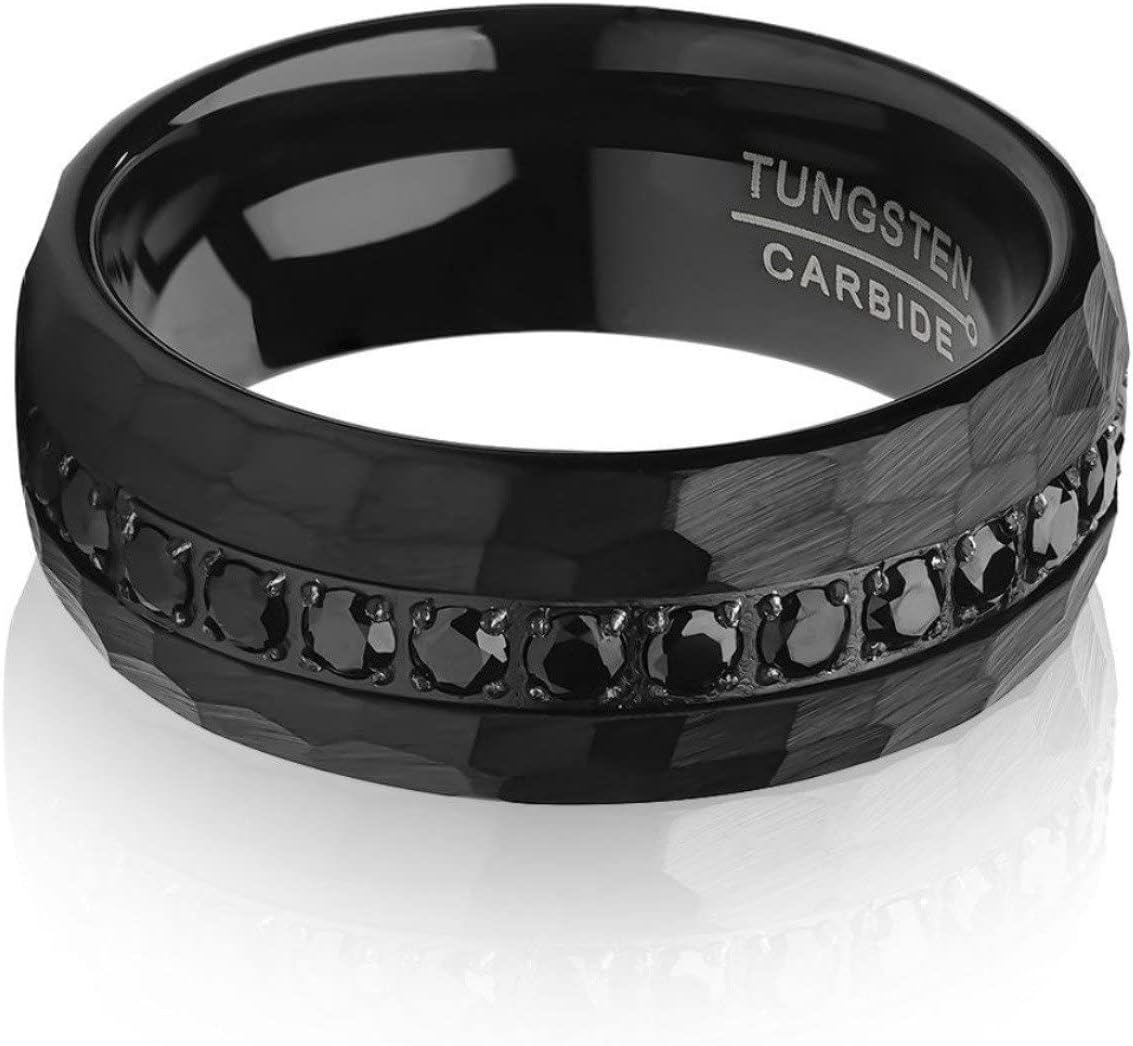 Black Tungsten Ring Man's Wedding Band 8mm Hammered CZ Diamond Anniversary & Engagement Comfort Fit Unique Dome Shape Unisex