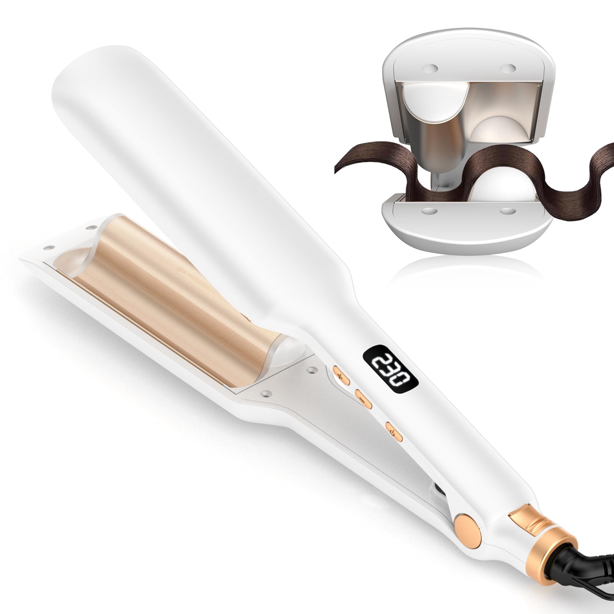 OKWRAP Boucleur a Cheveux, 32mm Fer a Gaufrer Les Cheveux Convient Aux Wavy Cheveux, Fer a Friser Boucler, Gaufrier Cheveux 12 Réglages de Température, Blanc Doré
