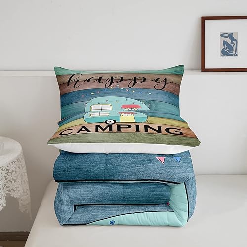 Miniatura 5 de Erosebridal Juego de ropa de cama Happy Camping, juego de edredón de auto de cámper para niños y niñas, colorido tablero de madera, edredón de