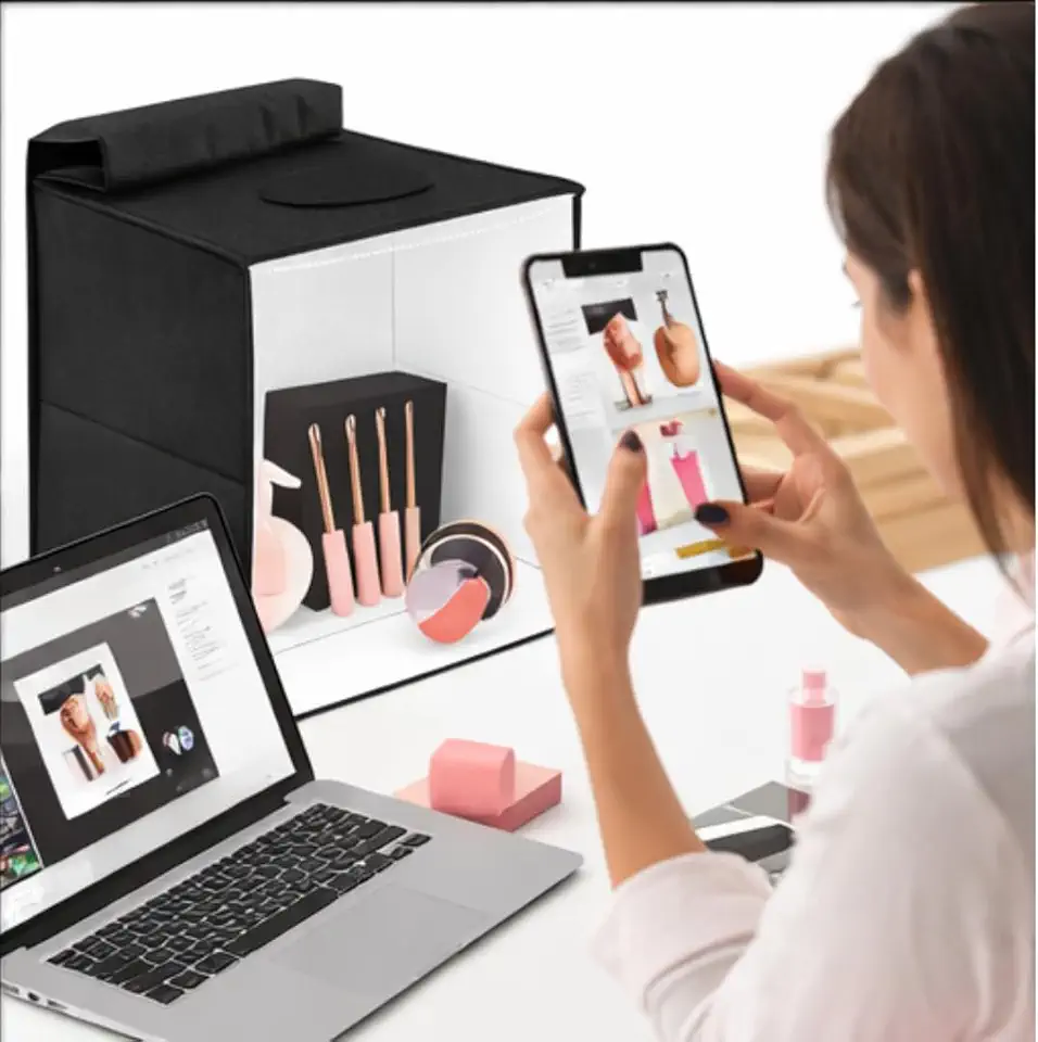 Mini Estúdio Fotográfico Portátil 30x30cm com LED – Caixa de Luz Dobrável com Fundos, Ideal para Fotos de Produtos e E-commerce