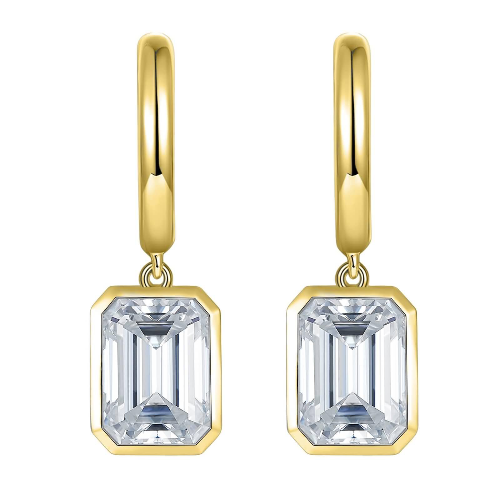 Ohrhänger Silber 925 Damen, Frauen 925 Sterling Silber Creolen mit 6 x 8 mm großen Moissanit-Ohrhängern im Smaragdschliff, 4 ct/Paar