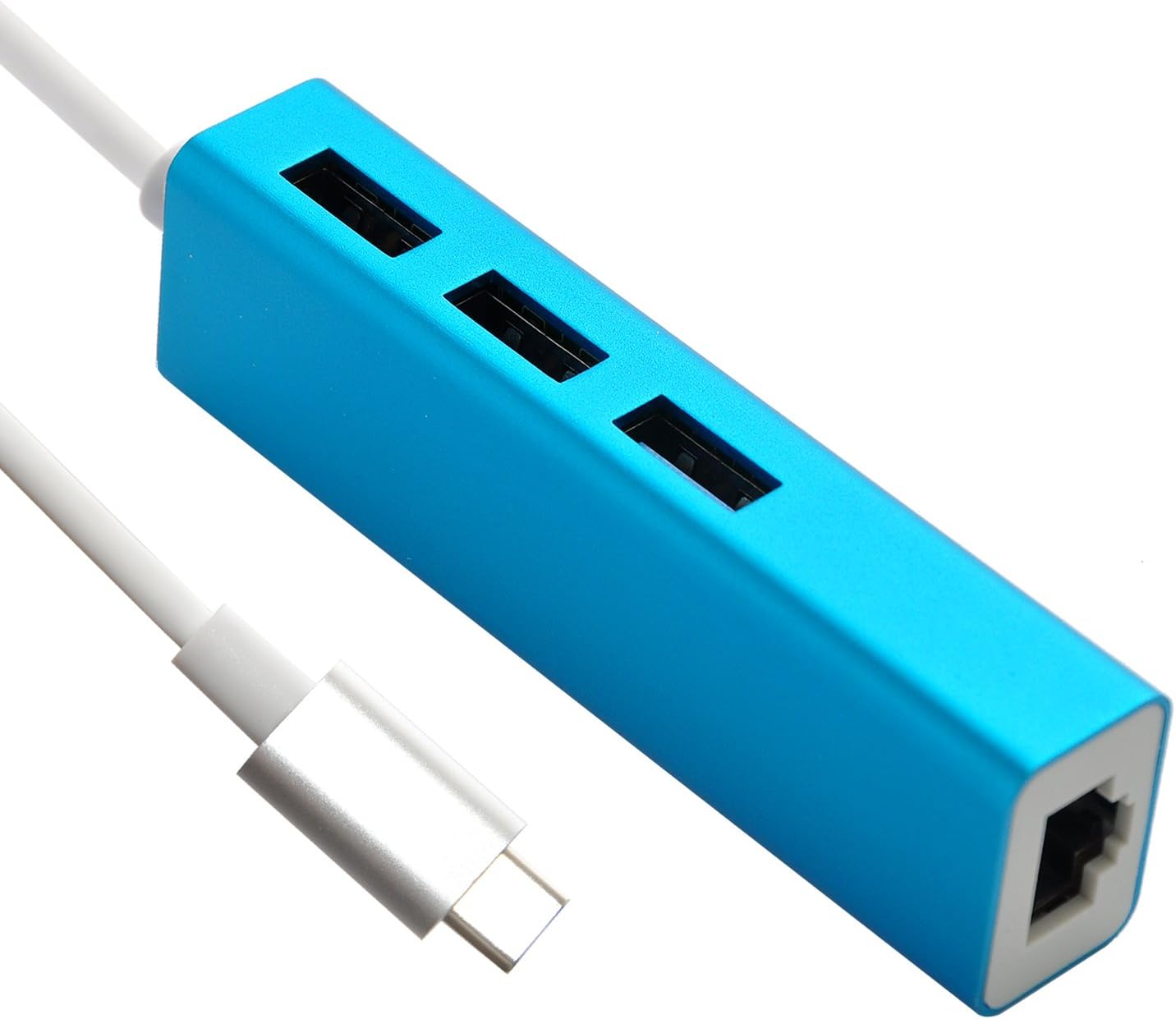 USB-C to Ethernet Adapter,Sanchow Type-C to 3-Port USB 3.0 Hub with 10/100/1000Gigabit Ethernet Adapter for USB Type-C Devices Including The New MacBook, ChromeBook Pixel and More (Blue Aluminum)