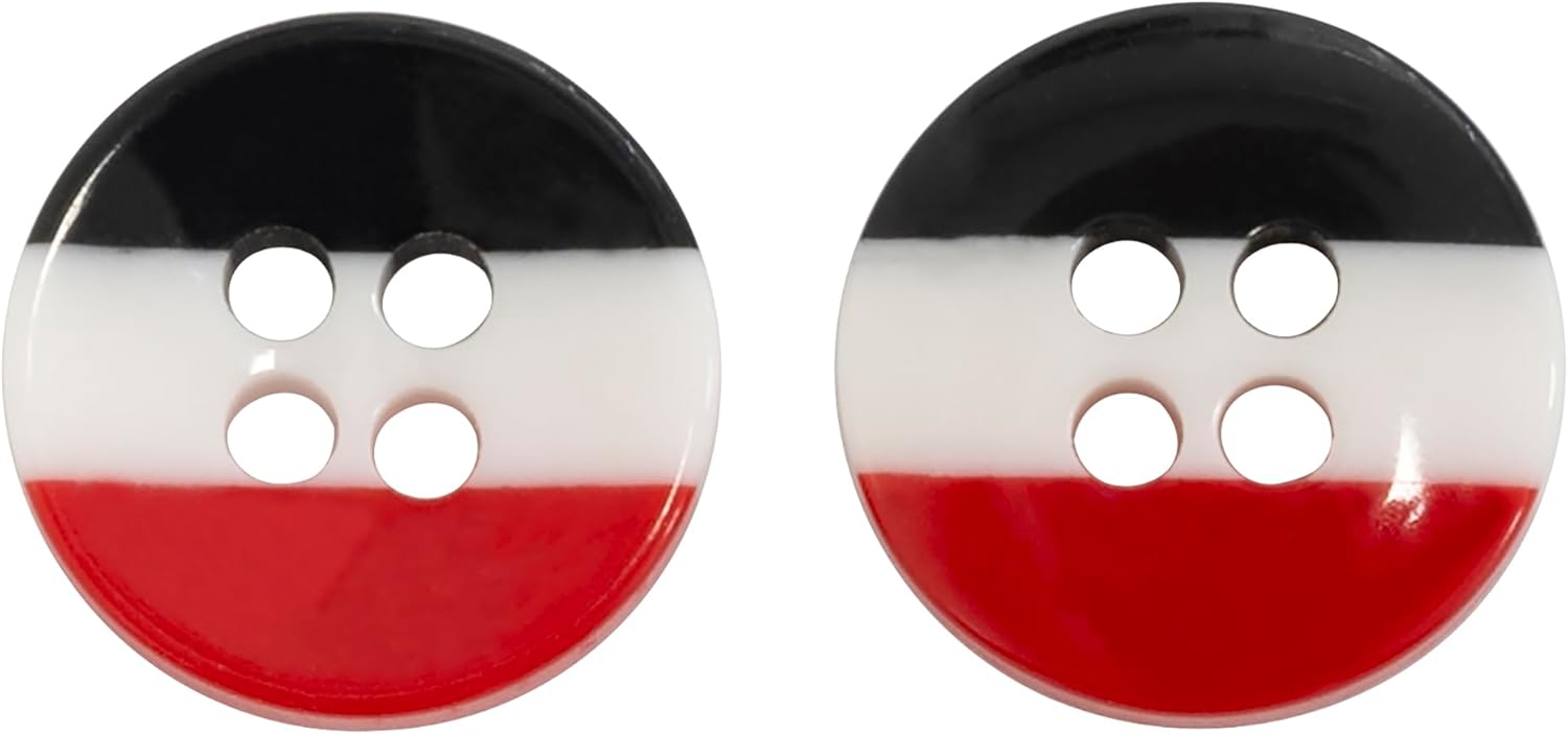 AERZETIX - C74299 - Set of 10 Round Sewing Buttons Ø11.5x2.8 mm with 4 Holes 18L L18 with Coloured Stripes - White Black Red - Opening 1.5 mm - Plastic - Sewing Haberdashery