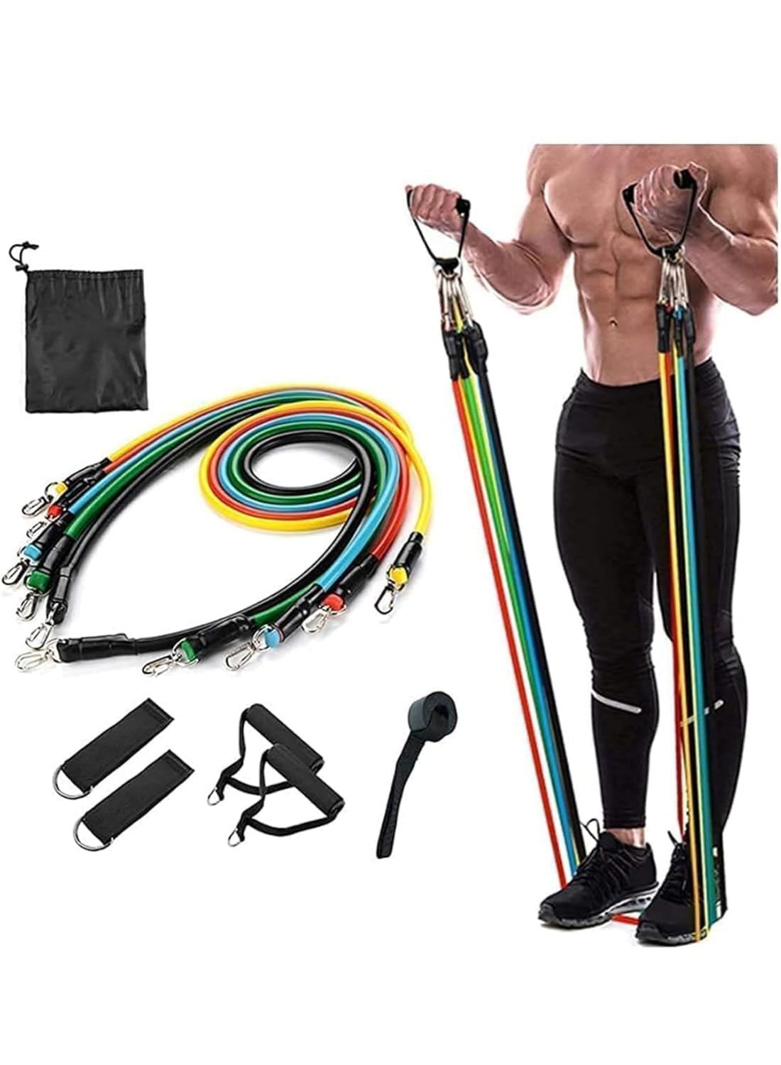 Ps 11 Piecs Resistance Bands Set for Workout 5 Stackable Exercise Bands with Handles, Door Anchor & Ankle Straps Heavy Tubes for Home, Strength Training, Muscle Toning Portable,Unisex, Multi-Color-image-41