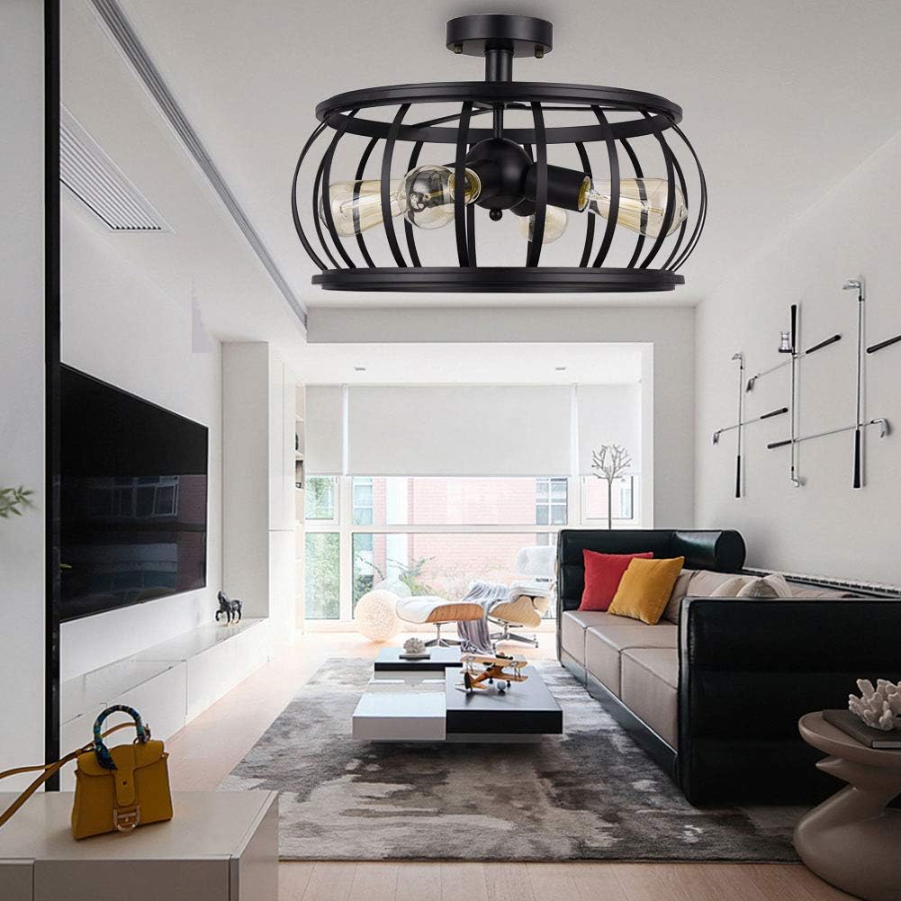18" Large Semi Flush Mount Ceiling Light, 4-Light, Edison Bulb Light Fixtures Ceiling for Kitchen, Bedroom, Bathroom (Black)