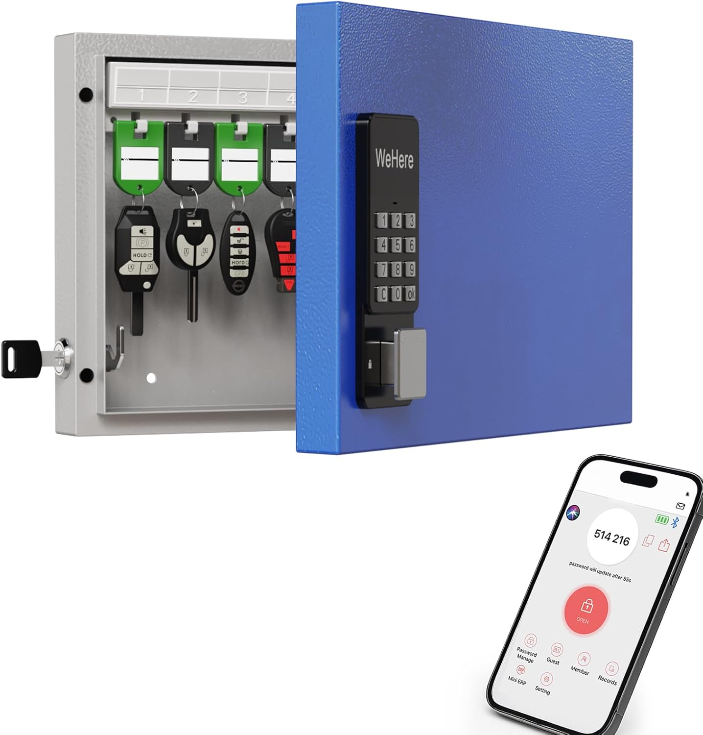 WeHere 16-Key Key Lock Box Wall Mount – Smart Key Cabinet with App, Keypad, Bluetooth & WiFi Unlock (Sold Separately), Key Organizer for Home, Access Log Tracking Key Management for Small Office