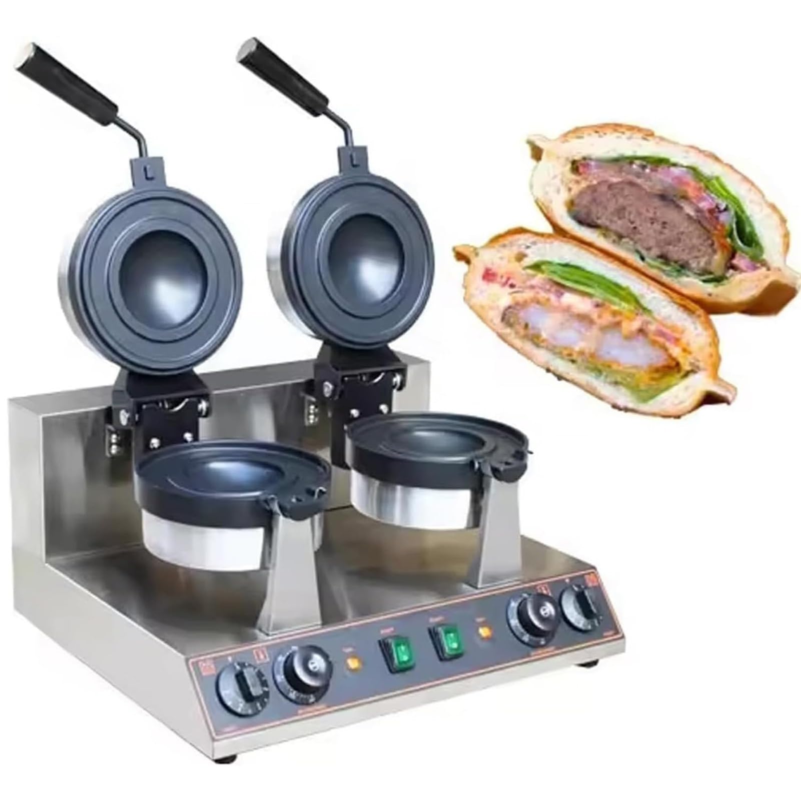 MáQuina Para Hacer Hamburguesas Y SáNdwiches Ufo, Prensa EléCtrica Para Hamburguesas Con Placa Antiadherente Giratoria De 180° - Gofrera - MáQuina Para Hamburguesas(Dual)