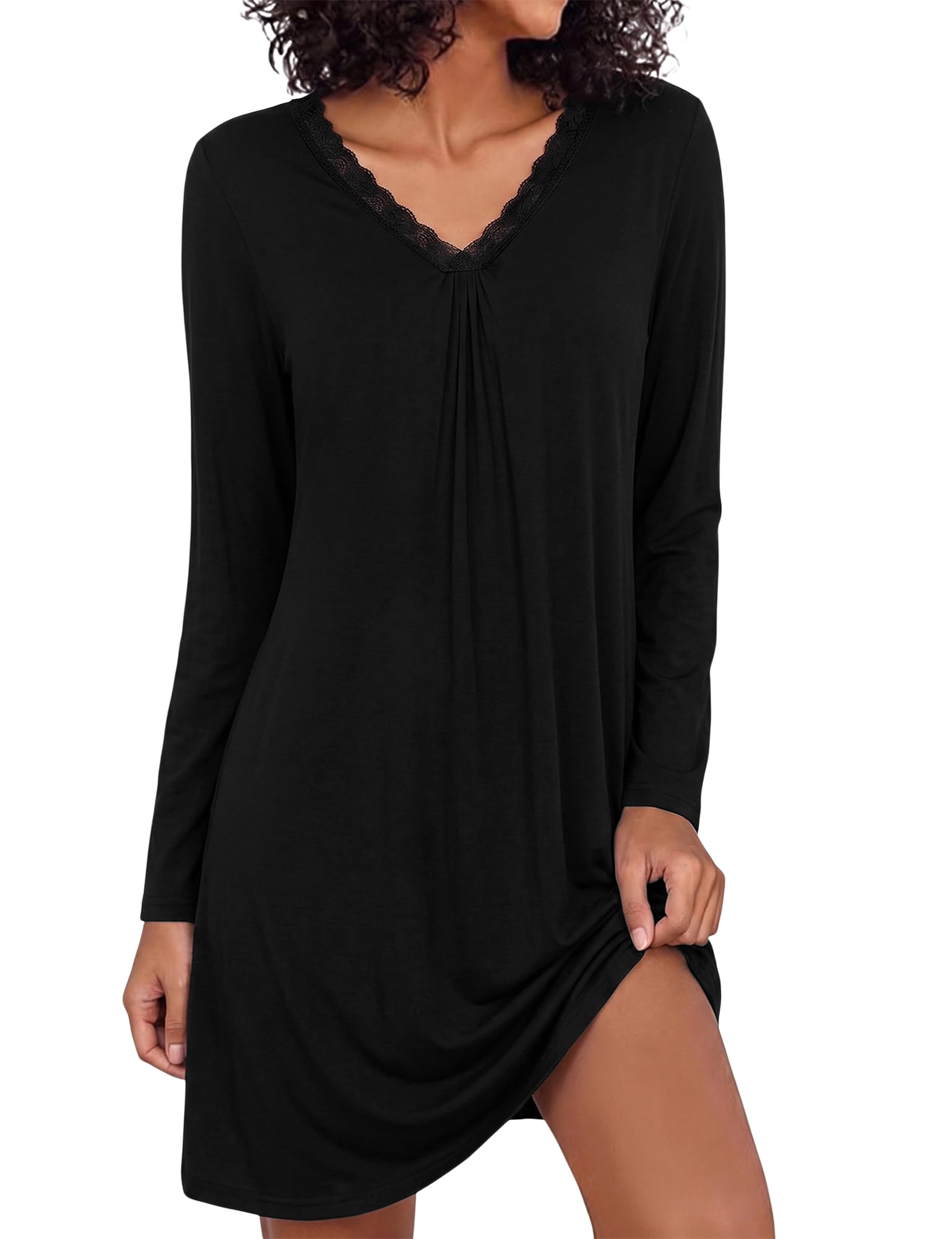 Demegimi Nachthemd Damen Langarm Schlafshirt Baumwolle Kurz Spitze Nachtkleid Winter Nachtwäsche