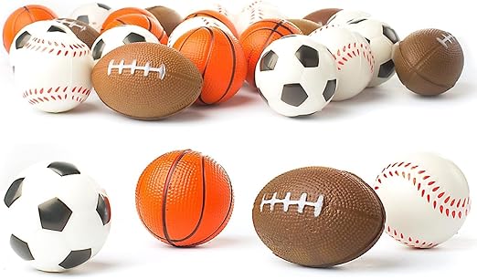 Set of 24 Sports 2.5" Stress Balls - Includes Soccer Ball, Basketball, Football, Baseball Squeeze Balls for Stress Relief, Party Favors, Ball Games and Prizes, Stocking Stuffers - Bulk 2 Dozen Balls