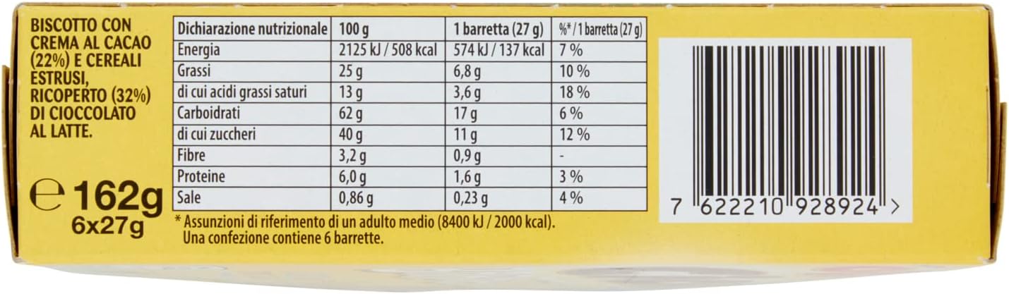 Oro Ciok Barretta, Biscotto Fragrante Coperto di Cioccolato al Latte e Ripieno di Riso Soffiato e Cacao, Merenda Semplice e Golosa, Fonte Naturale di Fibre, 162g (6 monoporzioni da 27g) 6 Unità (Confezione da 1) - Immagine 3