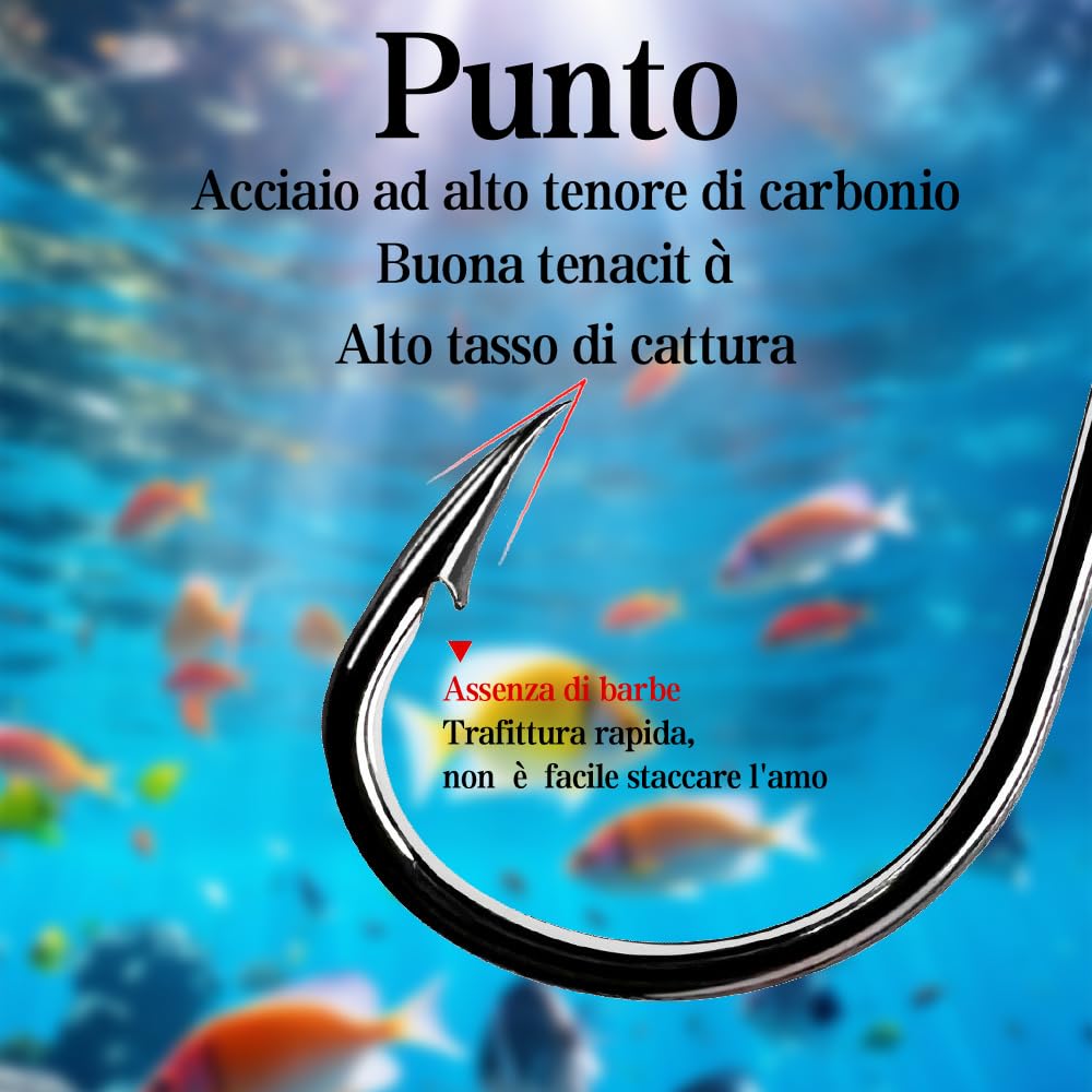 500 Pezzi Ami da Pesca, Ami da Pesca in Acciaio al Carbonio con Scatola di Plastica, 10 Dimensioni Amo Pesca Spinato Ganci a Occhiello Adatto per la Pesca in Lago, in Fiume, in Mare