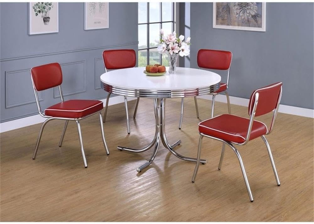 Pemberly Row 5-Piece Round Dining Set, Chrome and Red Finish, Metal Table with Ellipse Edge and 4 Faux Leather Upholstered Chairs, Retro Contemporary Style for Kitchen or Dining Room