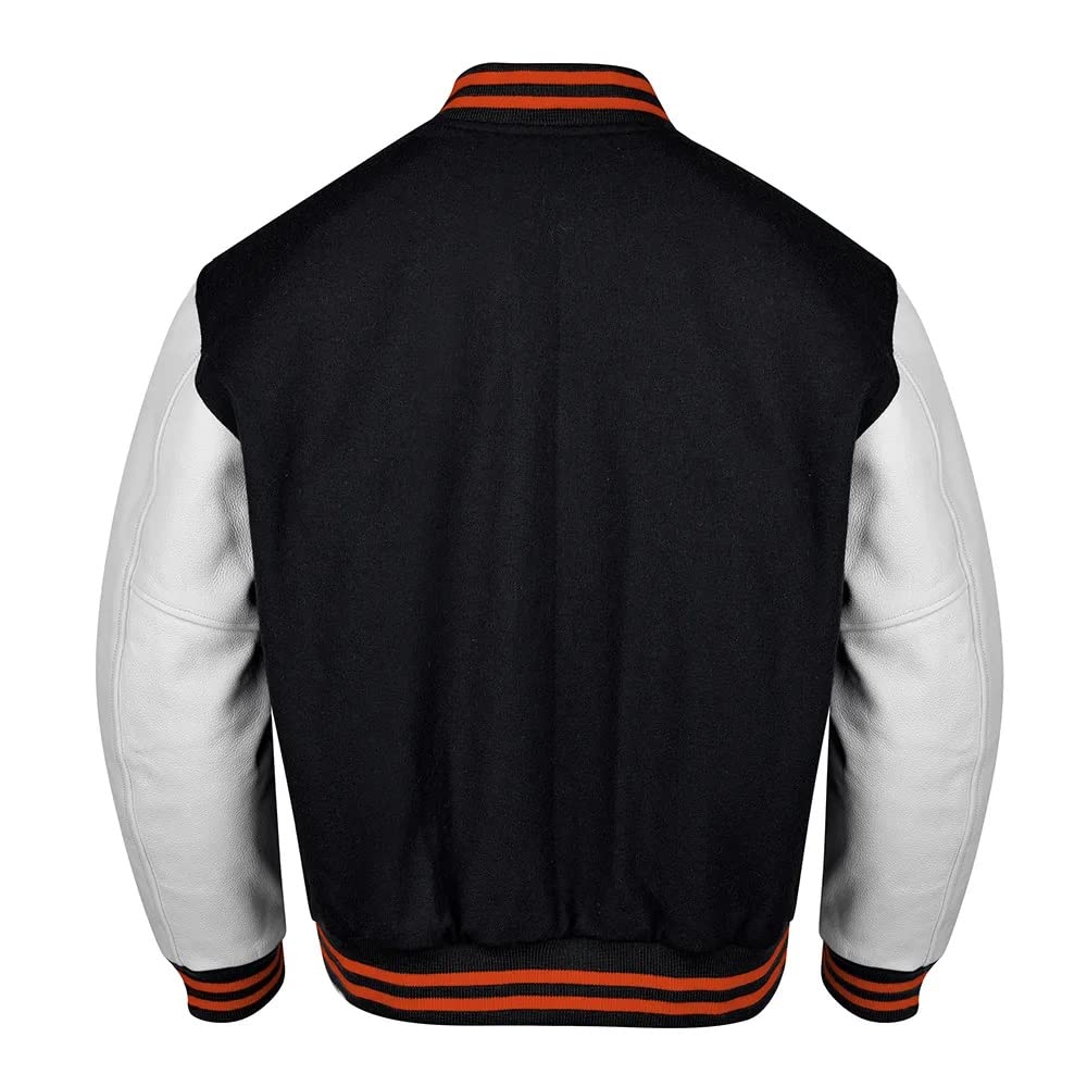 SUPREEM 30 Colors Option Varsity Bomber Baseball Letterman Jackets Genuine Leather Sleeves Wool Body (Medium, Black/White Orange Strip)