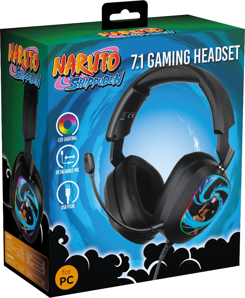 Konix Naruto Shippuden Zestaw słuchawkowy do gier z kablem 7.1 do komputera PC, głośnik 50 mm, mikrofon, kabel USB 2 m, oświetlenie LED, motyw Naruto Rasengan, czarny
