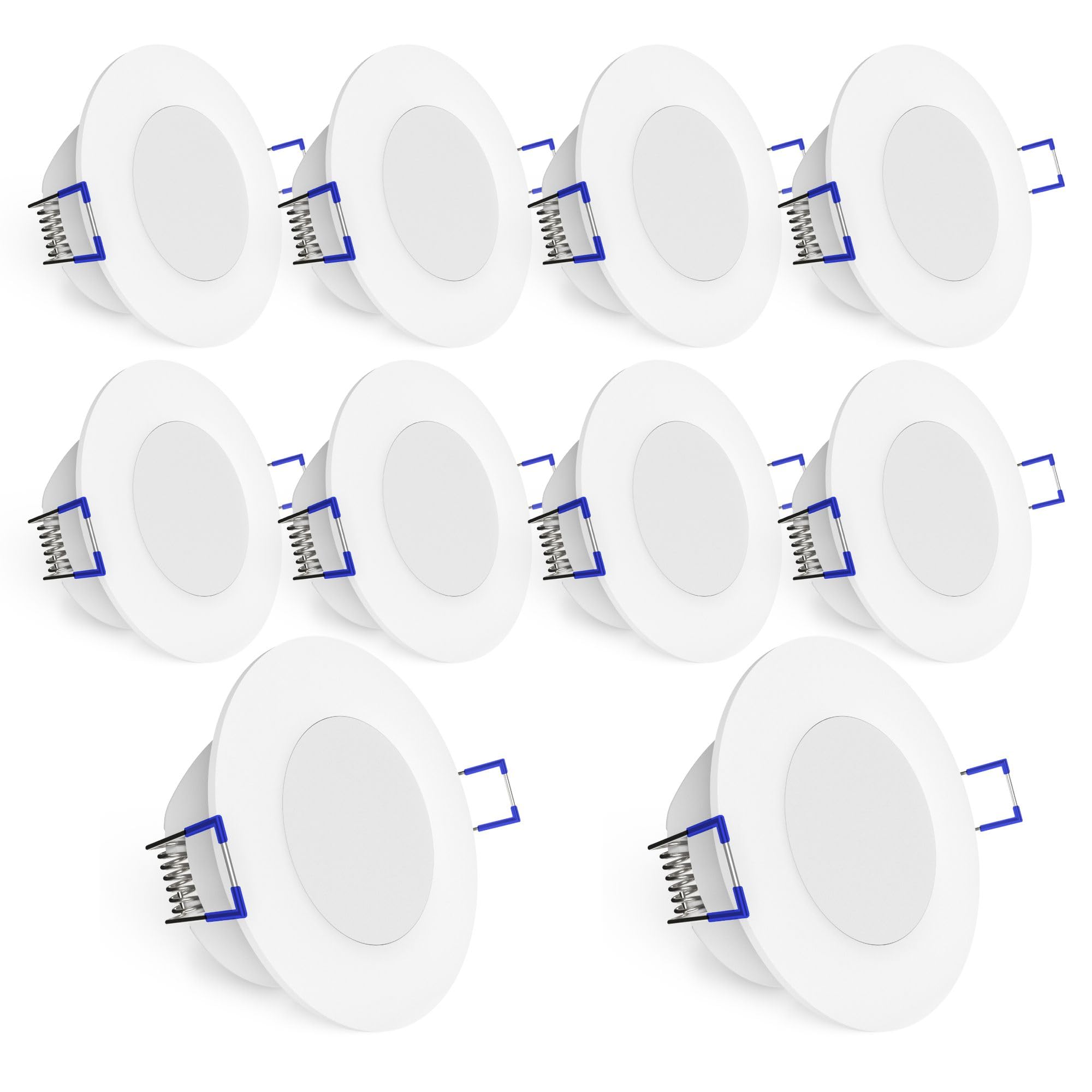 linovum WEEVO Einbauspot 10er silber rund IP44 5W warmweiß flach 29mm | Zehn extra flache Einbauspots silber, nur 29mm tief - warmweiß mit milchiger Front, IP44 für Bad, Küche & Möbel, an 230V