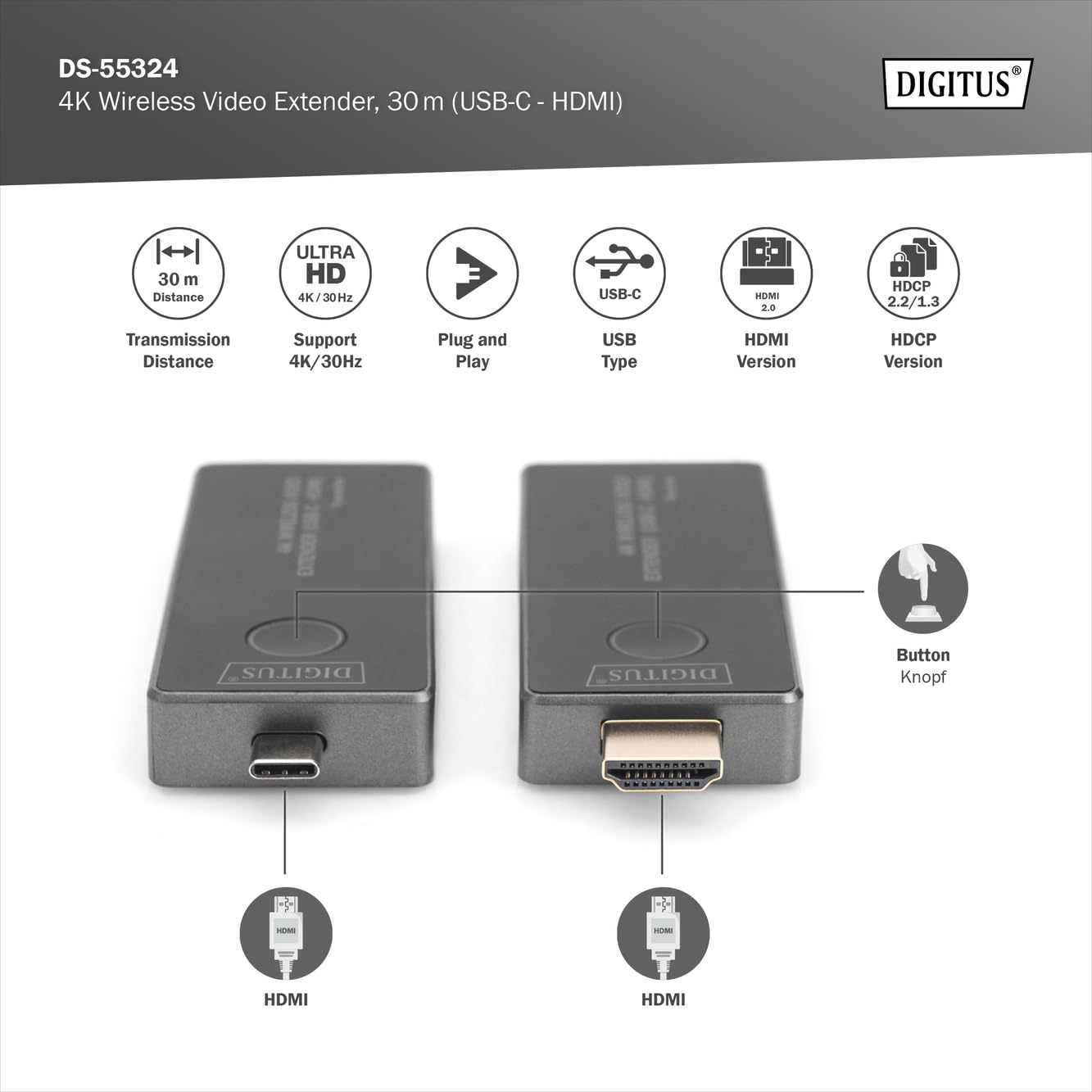 DIGITUS Wireless Video Extender Kit - 30 m Range - Ultra-HD 4k/30Hz - Transmitter with USB-C Connector and Receiver with HDMI Connector - Point to Point - Plug&Play - Black-Silver
