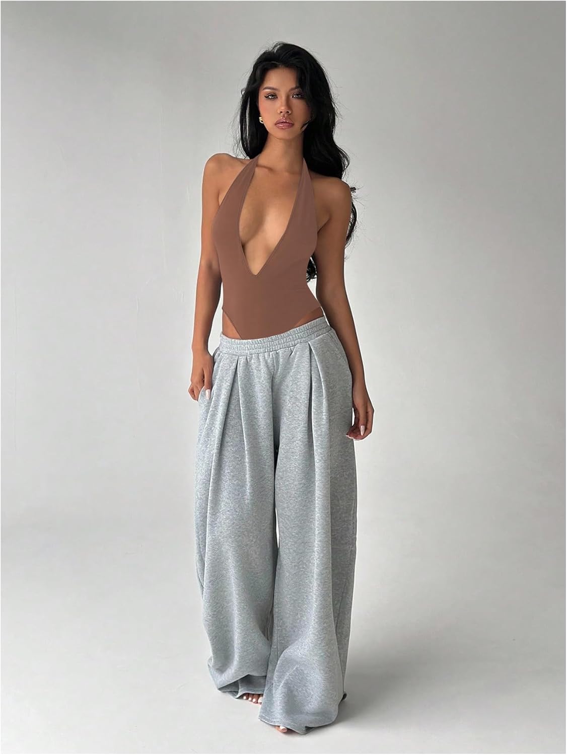 Milumia Women's Deep V Neck Halter Bodysuit Sexy Backless Slim Fit Going Out Top - Image 3