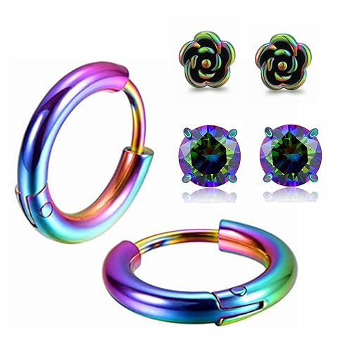 Hopply Surgical Stainless Steel Earrings for Sensitive Ears Hypoallergenic 20G Hoop Earrings for Women Men Flower Cubic Zirconia Flat Back Earrings Cartilage Earrings Hoop Stud - 3Pairs Hoop Flower CZ-Rainbow