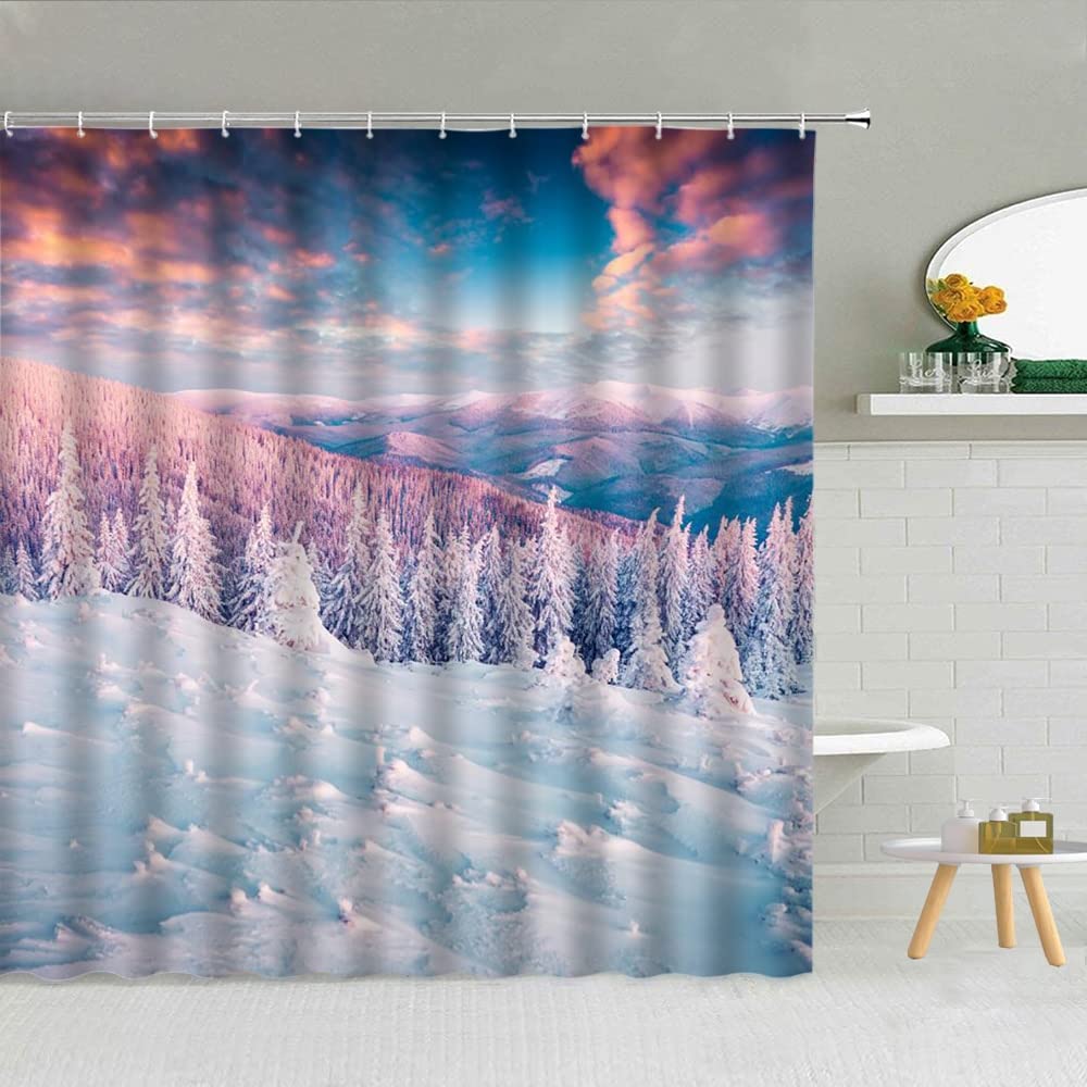 Tenda Doccia Panoramica 180x180 Cm – Scena Invernale Con Pini E Neve, Impermeabile In Poliestere - 2