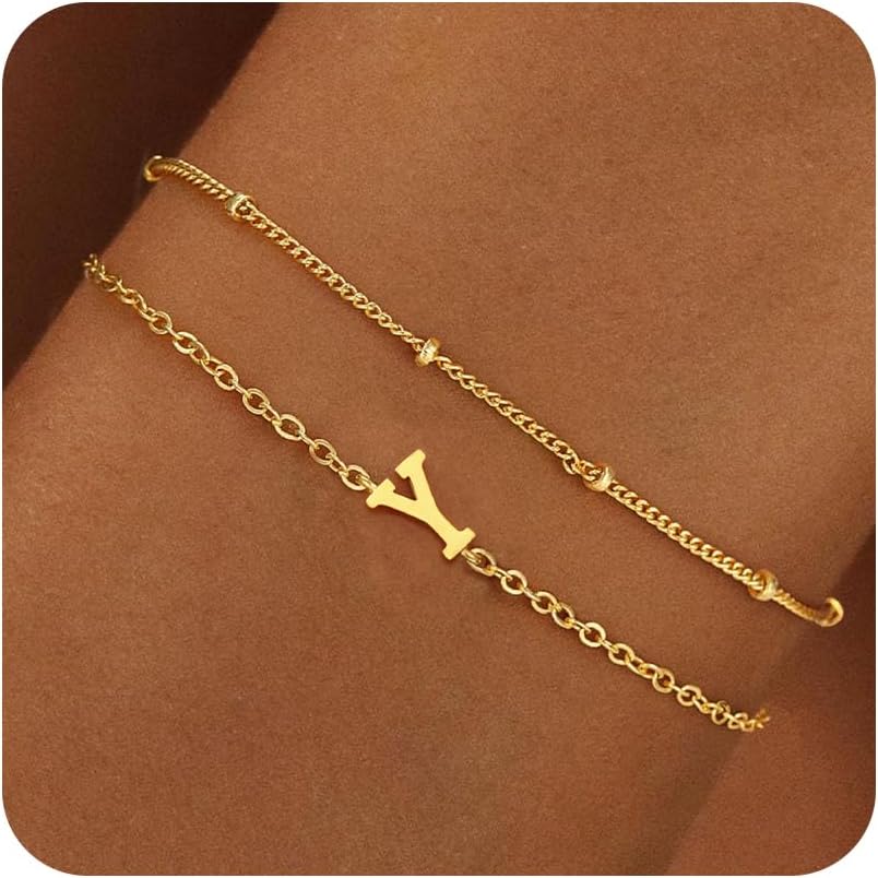 BAYLAY Gold Initial Bracelet for Women Trendy Jewelry - 18K Gold Plated Layered Letter Bracelet Dainty Gold Initial Charm Bracelet for Women Jewelry Gifts