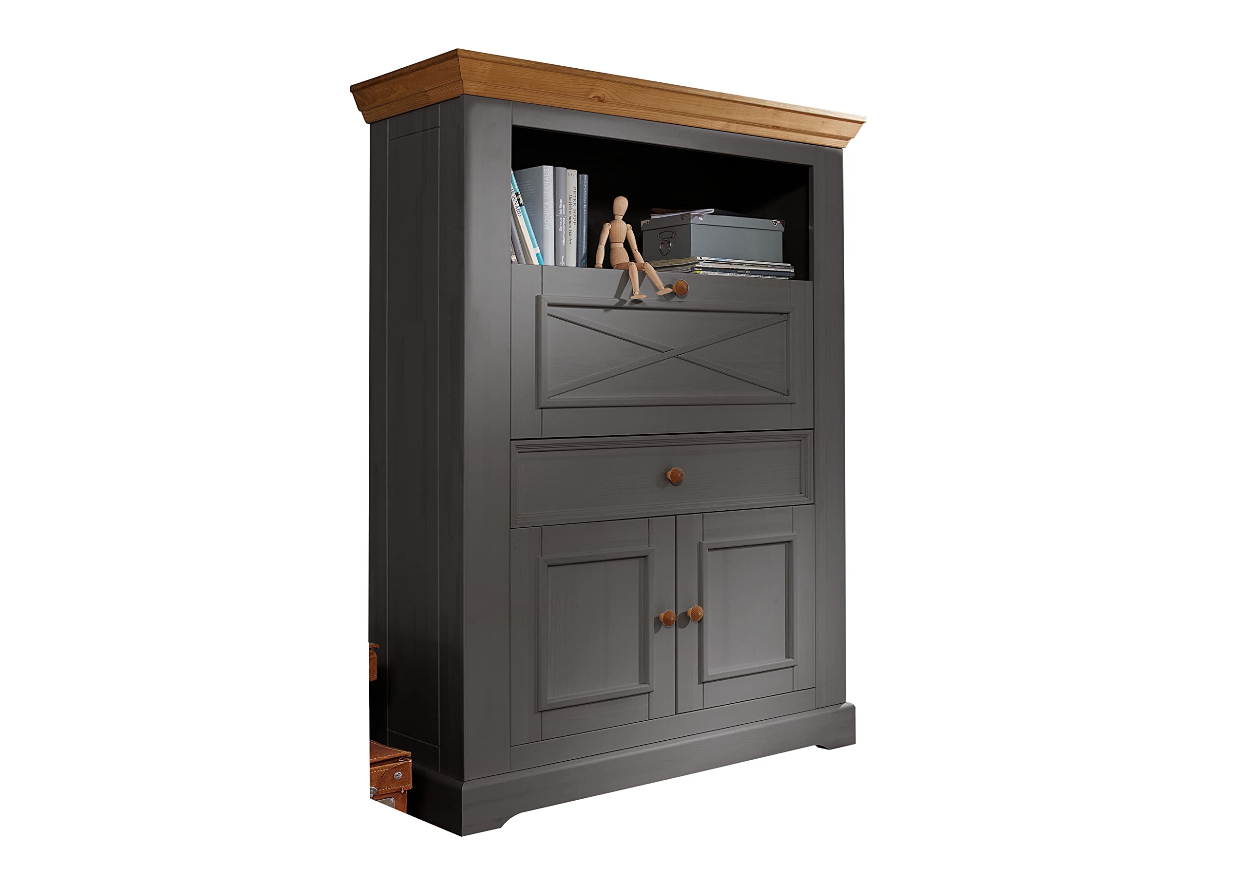 Woodroom Sekretär Oslo in Kiefer massiv grau (BxHxT 108x152x42 cm), Büroschrank