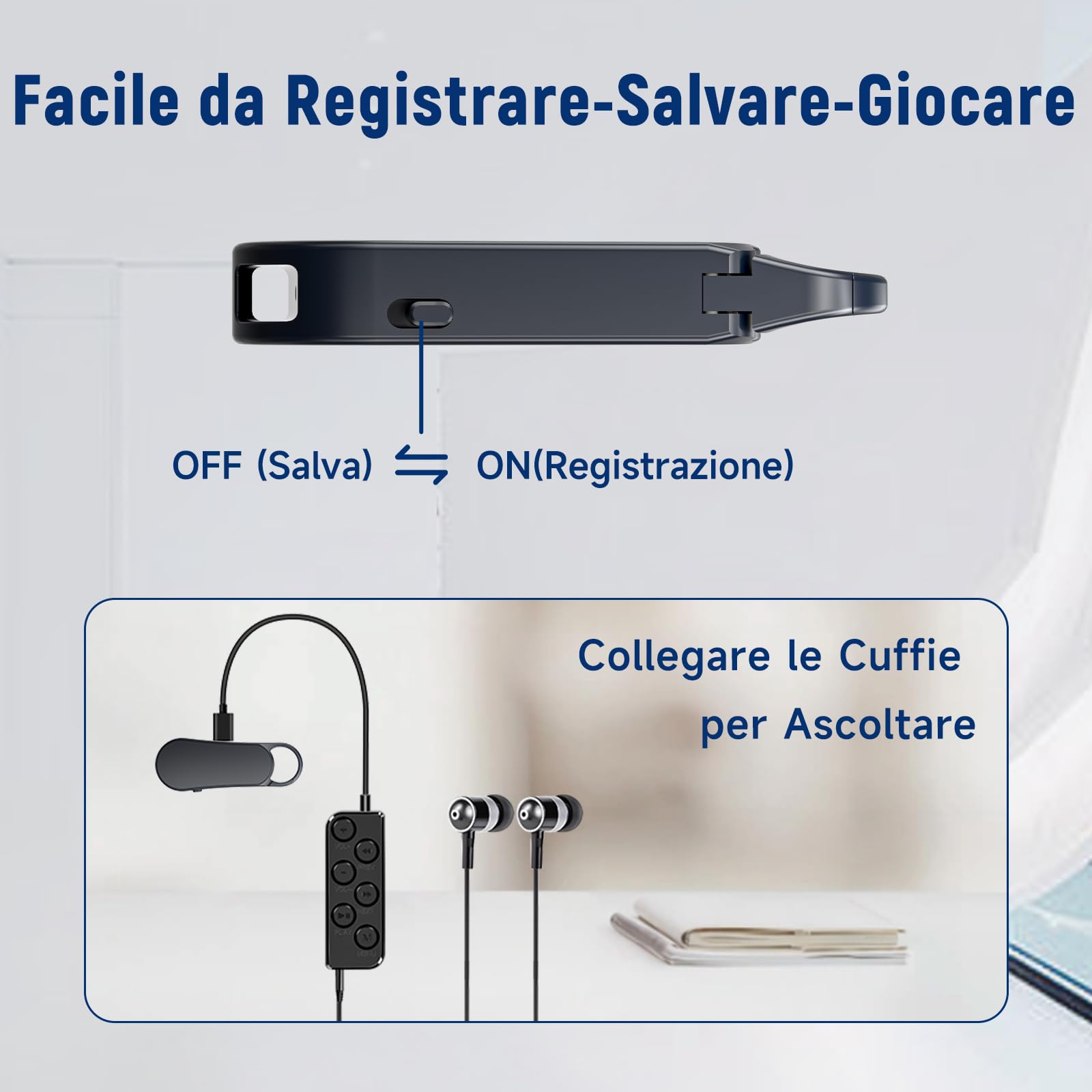 64GB Registratore Vocale Mini–Design a Portachiavi, 35 Ore di Registrazione, Custodia in Metallo, Audio Hi-Fi 1536KBPS, Registrazione con un Solo Tasto, Registratore Attivato per Riunioni