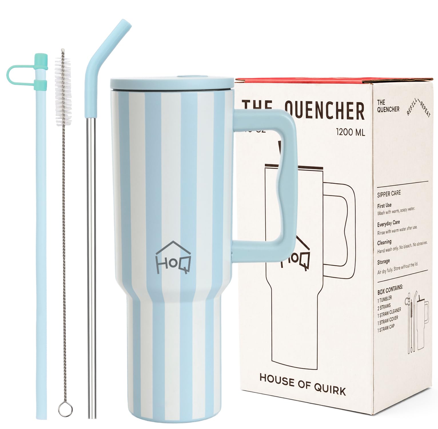 House of Quirk 1200ML Stainless Steel Tumbler with Handle & Lid, 2 Straws – Large Travel Mug Water Cup for Gym, Office & Outdoor Use (Coastal Stripe)
