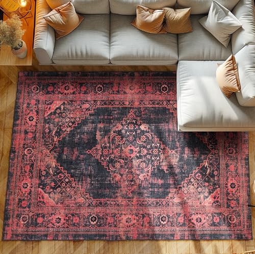 Alfombras de Pelo Corto, diseño Oriental, Alfombra Rojo, 120 x 170 cm, Alfombras de Estilo Vintage, Alfombra Sala de Estar