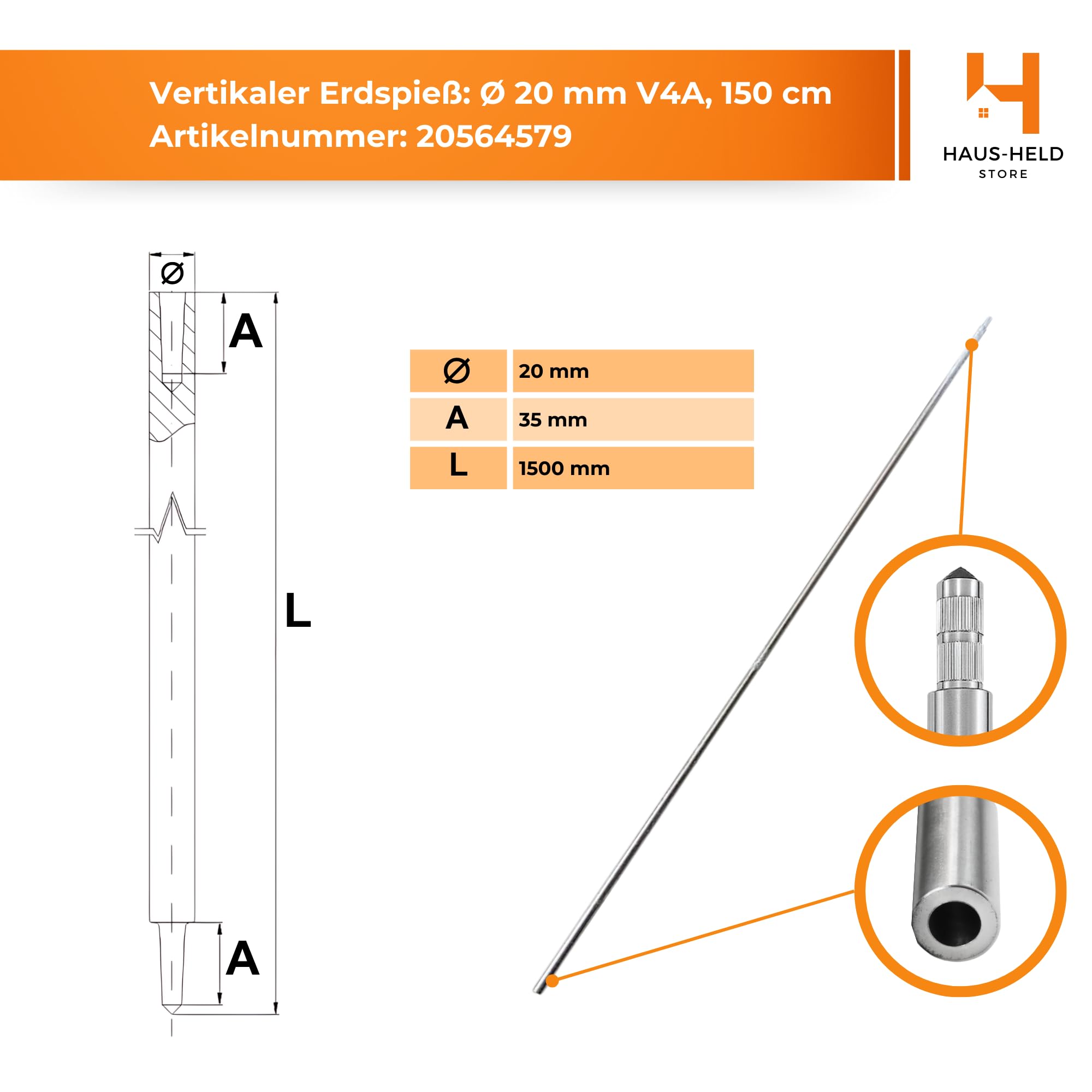 HausHeld® Tiefenerder V4A Set 1,5 m – Erdungsspieß Ø20 mm aus Edelstahl + Einschlagspitze + Kreuzerder-Klemme + Schutzadapter MECH – Erdungsstab Blitzschutz Erdungssystem PV-Anlage