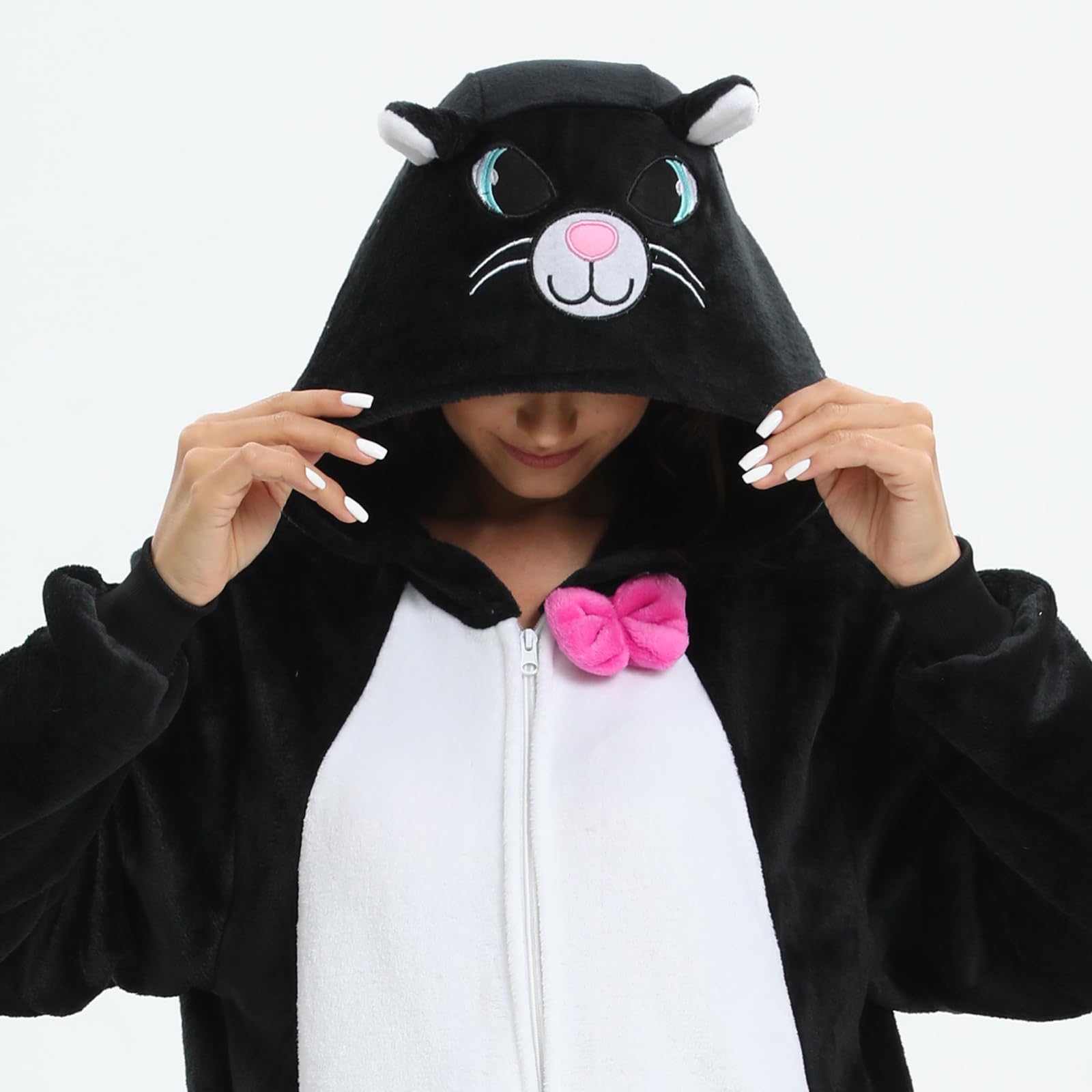 Piżama jednoczęściowa dla dorosłych zwierzę jednoczęściowy kostium czarnego kota Halloween cosplay dla kobiet mężczyzn