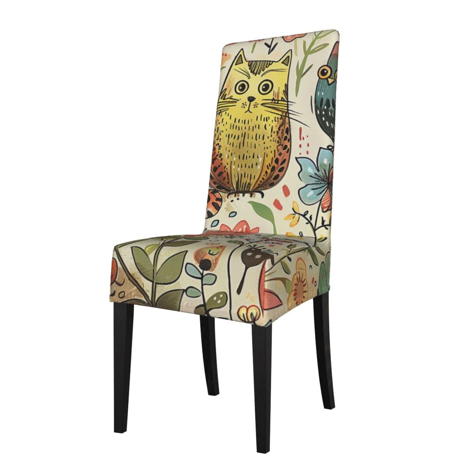 WPKJU Funny Cats Birds and Flowers Print Dining Chair Covers Removable Chair Seat Covers Decorative for Kitchen & Bar Stools