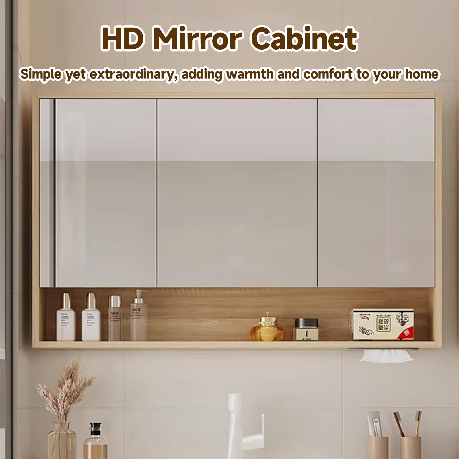 Mueble Espejo baño,con Espejo/Gran Espacio de Almacenamiento/Accesorios de Hardware/fácil instalación/rechazo de Ruido(Cream Gray,80cm/31.5in)