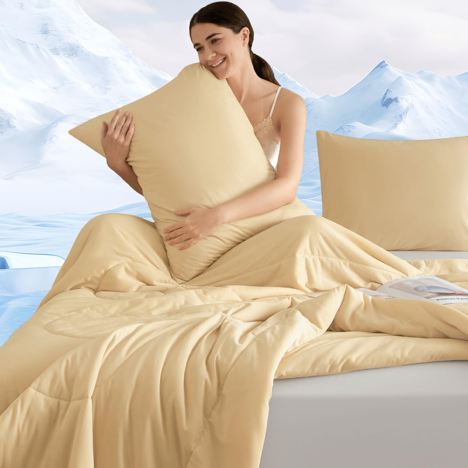 PHF Cooling Comforter Set Queen Size, 3PCS Soft Breathable Lightweight Summer Bedding for Hot Sleepers, Silk Smooth Double-Side Cooling Bed Set with 1 Comforter and 2 Pillowcases, Beige