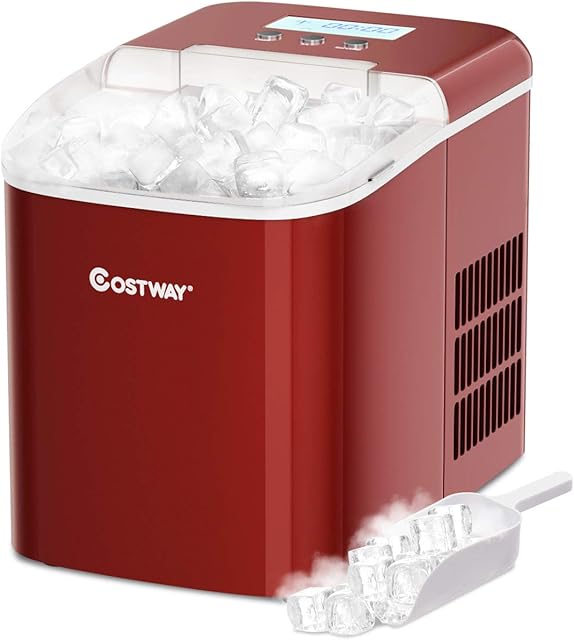 COSTWAY Ice Maker Machine, Bullet Ice Cubes Ready in 7 Mins, 12Kg/24H Counter Top Ice Machine with Self-Cleaning Function, 2.1L Tank, Scoop and Removable Basket (Red)