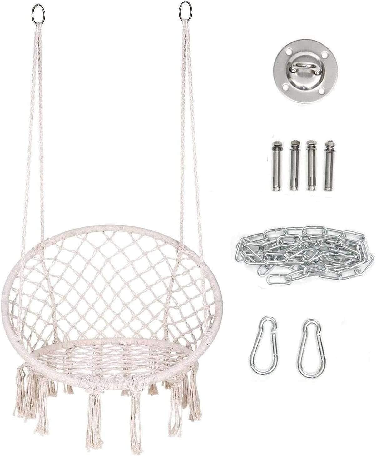 Agility Hammock Chair Macrame Swing -Hanging Cotton Rope Hammock Swing Chair for Indoor and Outdoor Use,Handmade Knitted Cotton Rope Hanging Chair with Hanging Hardware Kits (1-Beige+Kits)