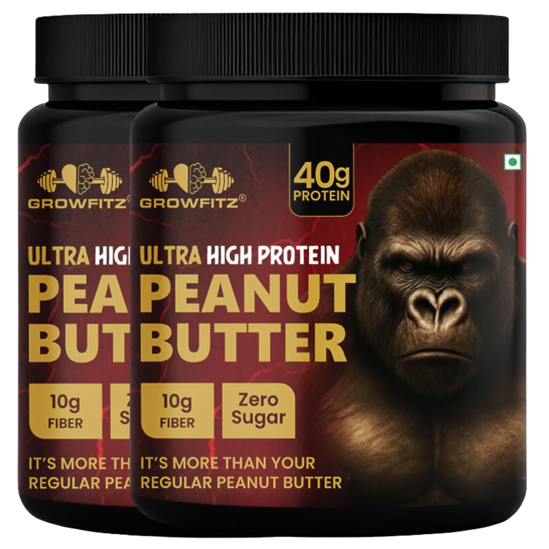Growfitz All Natural 40g High Protein Peanut Butter 800 Gram | Smooth, Unsweetened | Gluten & Cholesterol Free | 10g Fiber, Nut Butter | 100% Pure Roasted peanuts butter | Zero Trans Fat, Zero Sugar (800 Gram - Pack of 2)