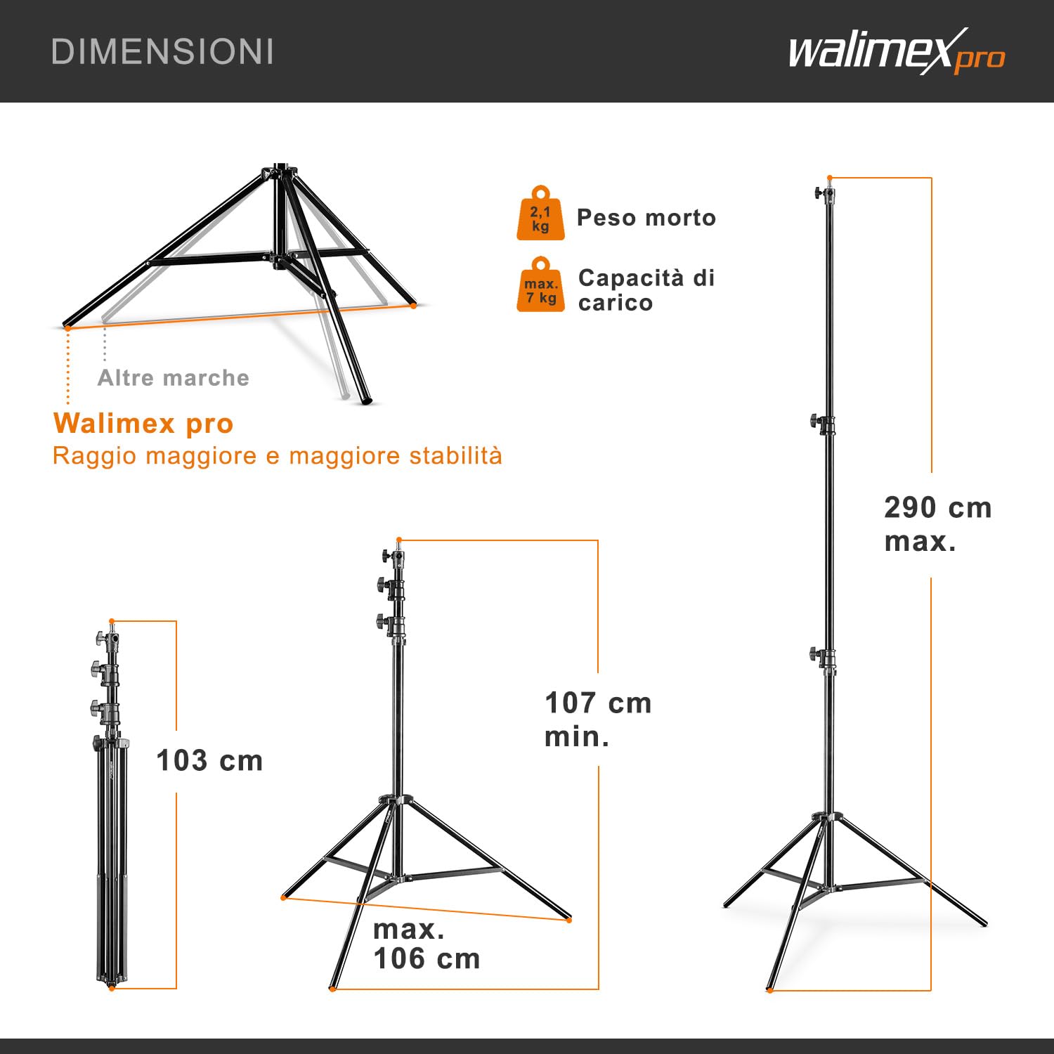Walimex pro AIR 290 Deluxe stativo per lampada 290 cm - stativo con sospensione pneumatica, altezza massima 290 cm, capacità di carico 7 kg, stabile e versatile