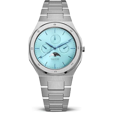 Valuchi Uomo Calendario Lunare Acciaio Inossidabile Orologio con Fase Lunare  (Argento Ghiaccio Blu) : Amazon.it: Orologi