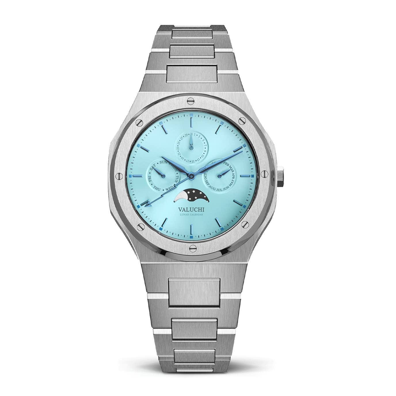 Valuchi Luxury Fashion Men's Lunar Calendar Waterproof Stainless Steel Moonphase Sapphire Glass Japa
