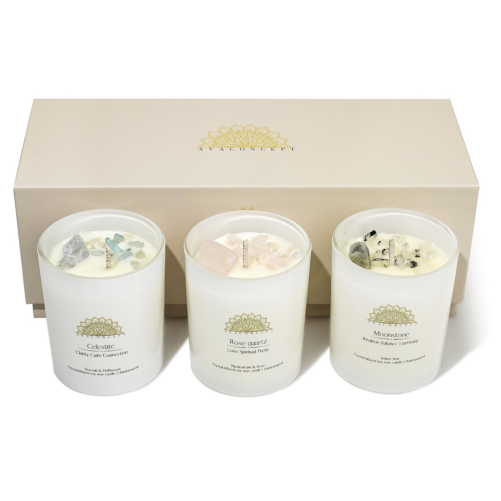 Soy Candles - Crystal Candles with Rose Quartz Moonstone Celestite - Scented Wax Gift Set - Black Currant & Rose, Amber Noir, Sea Salt & Drift Wood - 3 Pack 3.5oz
