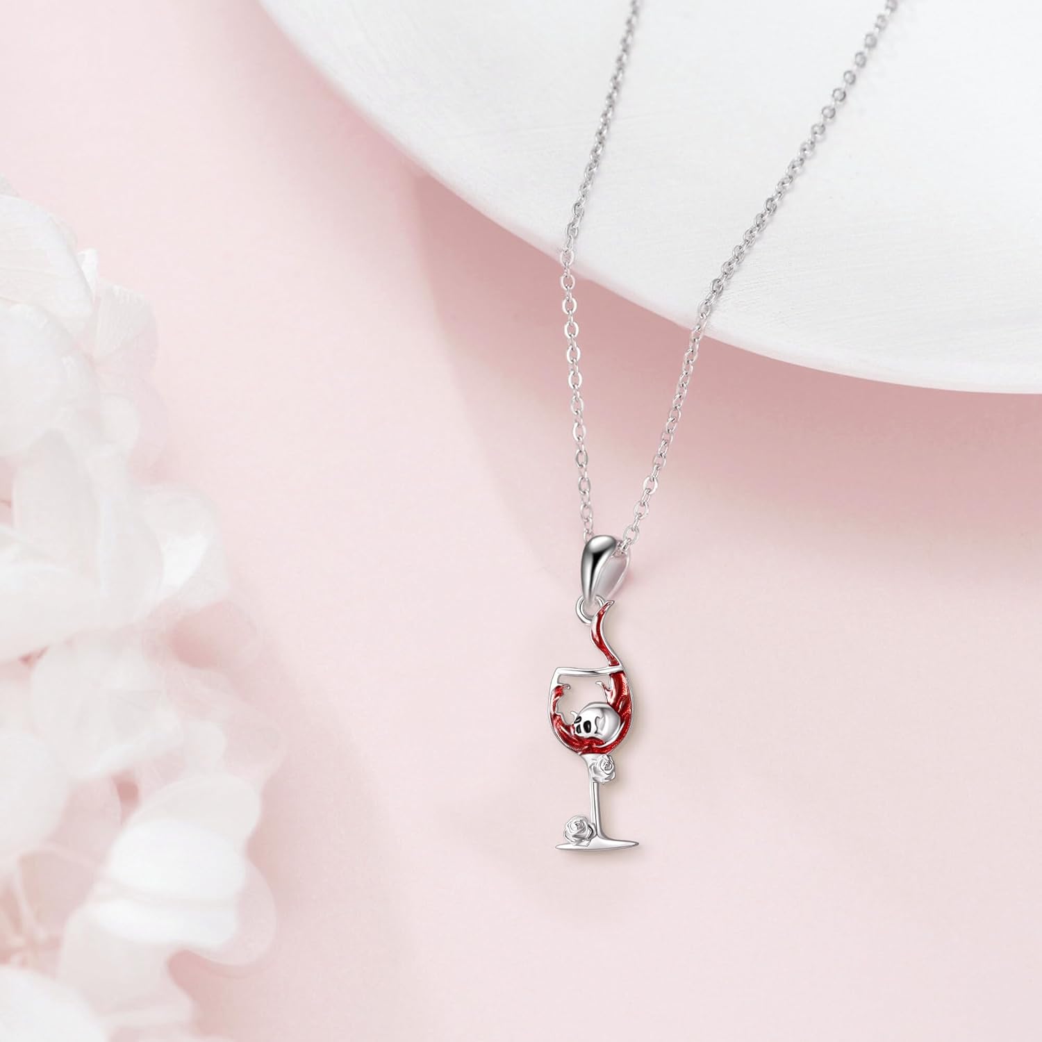 Gothic Necklace 925 Sterling Silver Bat/Black Rose/Wine Glass/Satanic/Rib Cage Goth Pendant Necklace Moss Agate Turquoise Skull Skeleton Jewelry Halloween Gifts for Women Men