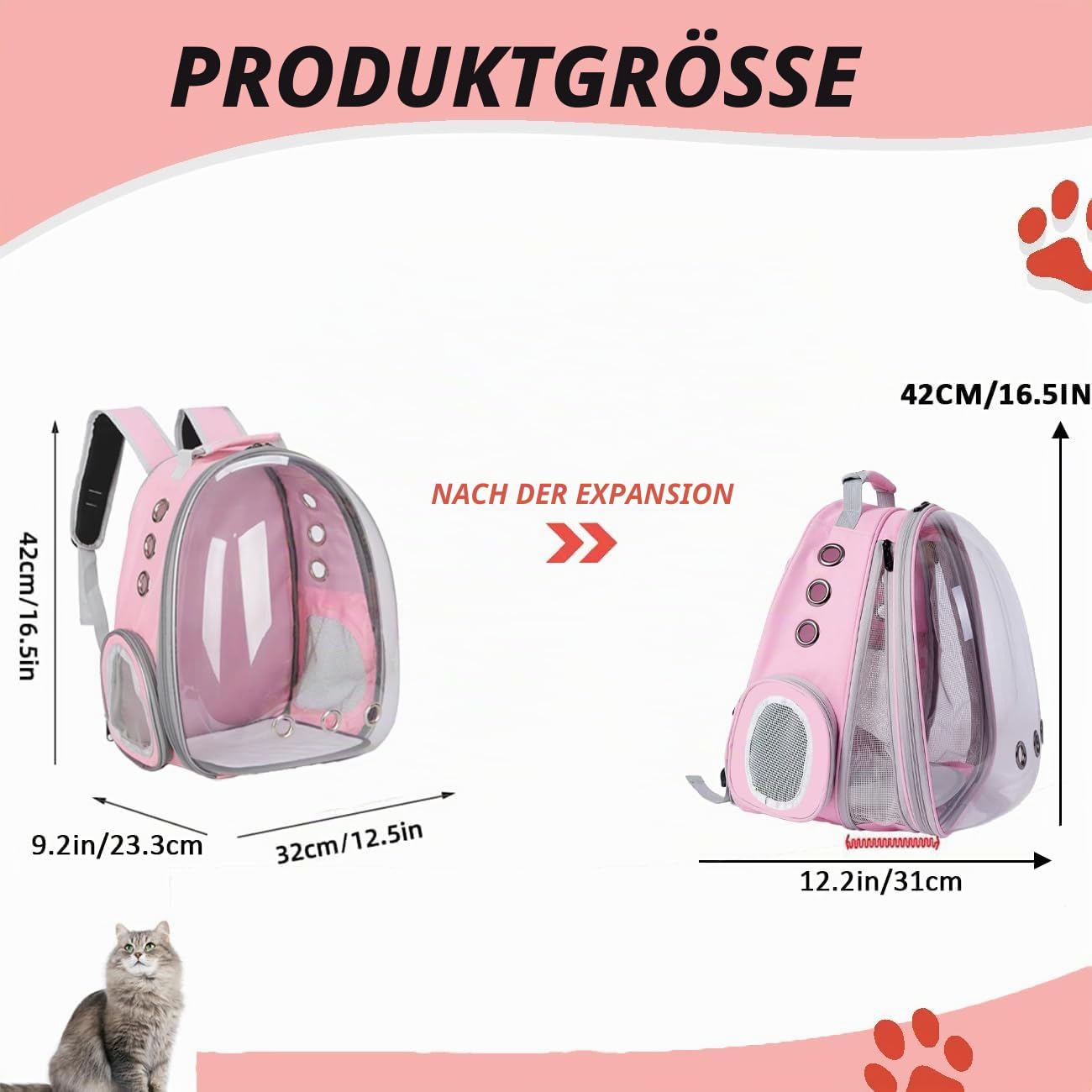 Erweiterbar Katzenrucksack Hunderucksack, Vorderrucksack für Katzen und Kleine Hunde, mit transparentem Fenster und Reißverschluss, für Reisen, Wandern (Rosa, Vorderseite Erweitern)