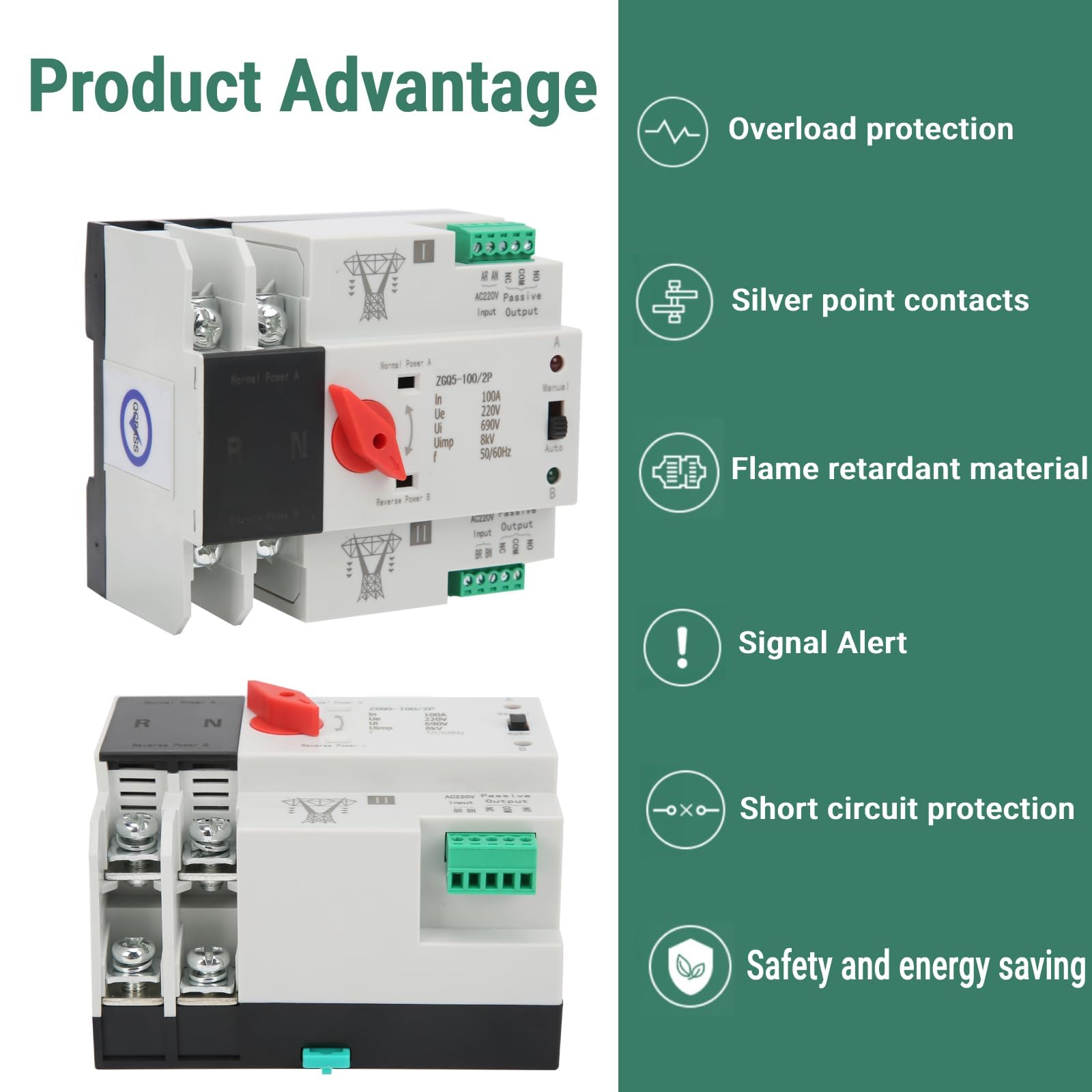 Interruttore di trasferimento, interruttore di trasferimento automatico a doppia potenza, controller di interruttore di trasferimento a 2 vie senza interruzione ZGQ5-100/2P 220V