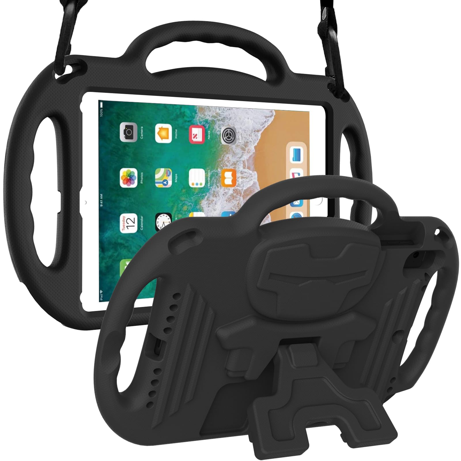 LTROP Kids Case for iPad 5th/6th Generation (2017/2018) & Air 2, Shoulder Strap Handle Stand Shockproof Bumper Cute Kid Case for iPad 9.7 Inch, Black