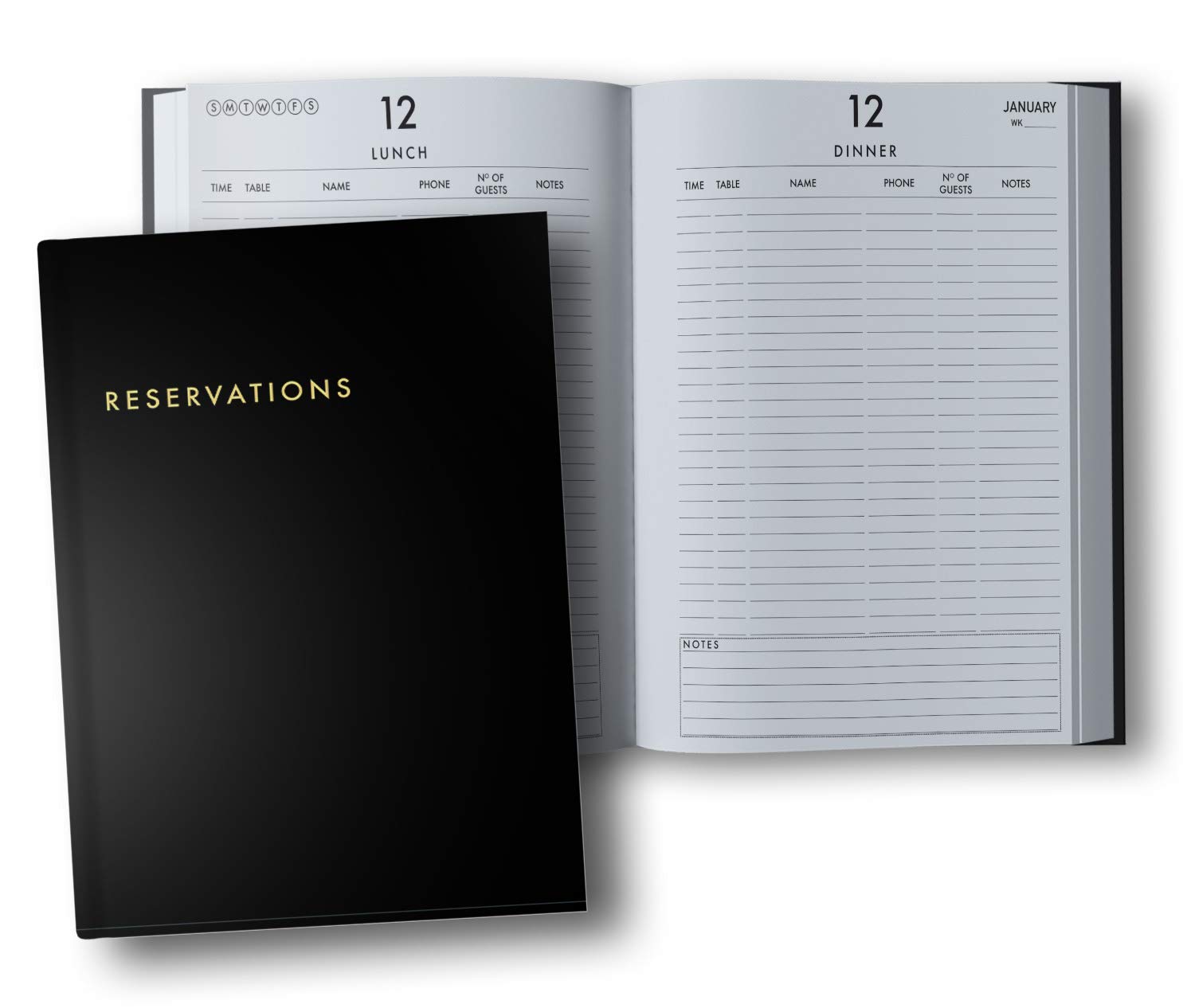 Reservations Book: Hardcover Restaurant Reservations, Double Page per Day for Lunch and Dinner, 8.5x11",Black