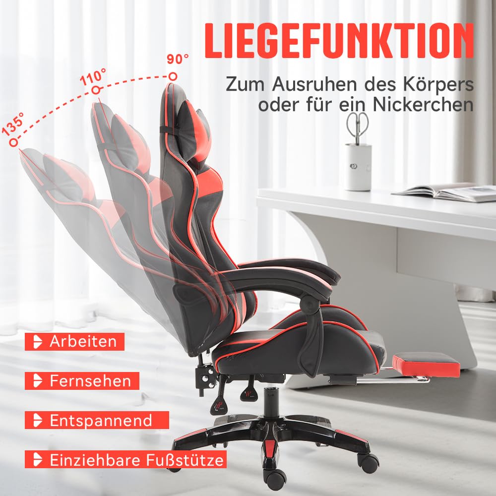 Chaise de Gaming Ergonomique - Hauteur réglable - Chaise de Bureau réglable (Rouge)