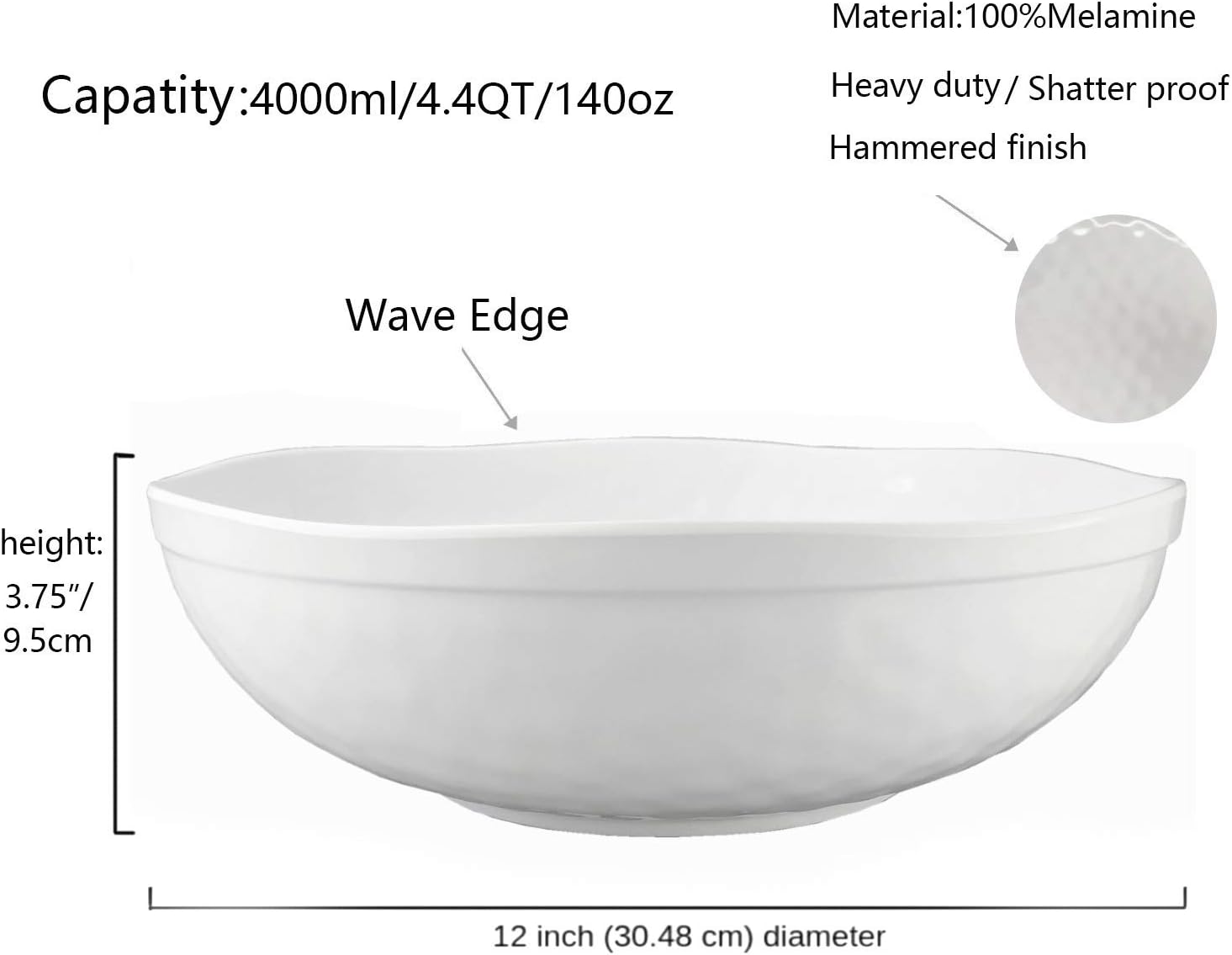 KX-WARE Melamine Serving Bowls -2pcs 12inch Larger Salad Bowls/Mixing Bowls,White Color| Break-resistant 100% Melamine Bowls | Dishwasher Safe,BPA Free